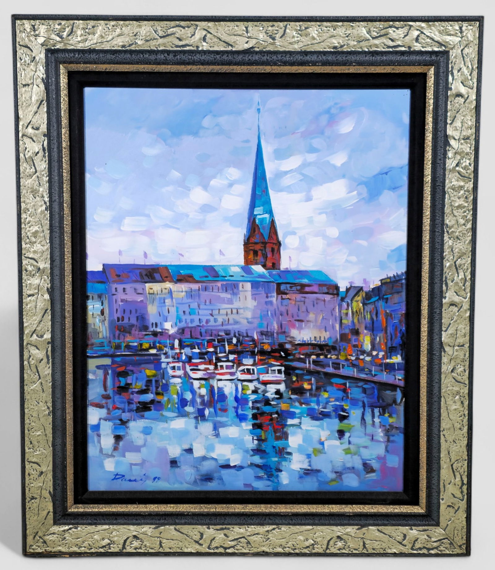 Shkelqim Dani "Morning in Hamburg" Oil Painting: Shkelqim Dani (Albanian, Contemporary), vibrant oil painting titled "Morning in Hamburg". Depicting boats and harbor buildings beneath the tall spire of St. Nikolai Church. Executed in Dani’s si
