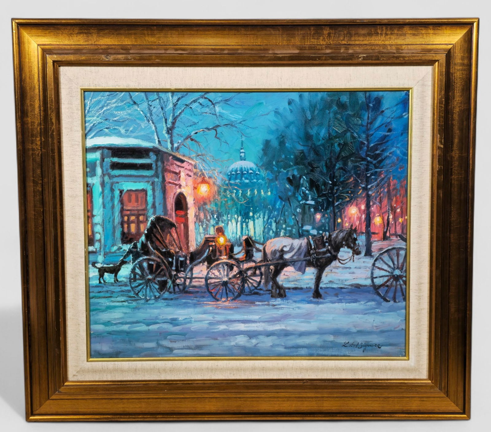 Littorio Del Signore "Dominion Square" Oil Painting: Littorio Del Signore (Italian-Canadian, b. 1938), atmospheric oil painting titled Dominion Square, depicting a snowy Montreal street illuminated by warm lamplight. A horse-drawn carriage stands in the