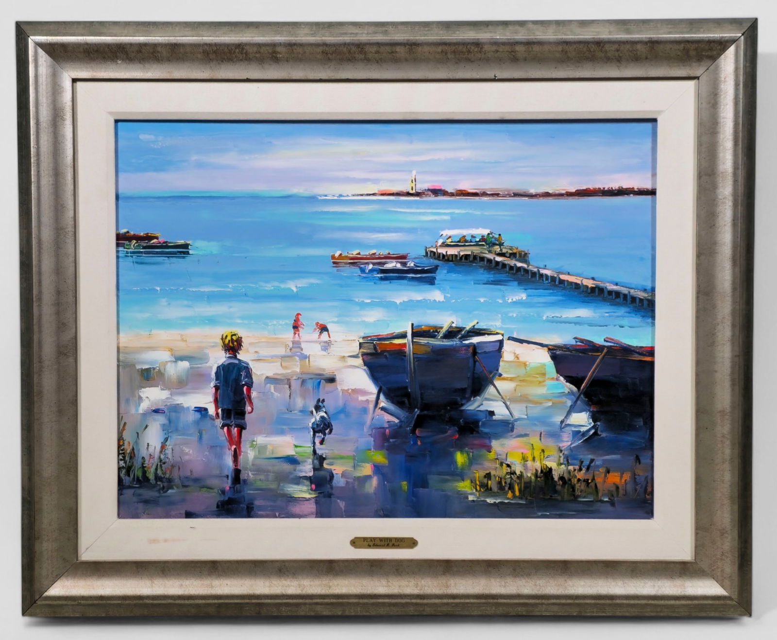 Edward S. Park "Play With Dog" Oil Painting: Edward S. Park (Korean-American, Contemporary), oil painting titled Play With Dog, depicting a sunlit shoreline with moored boats, a distant pier of fishermen, and a young child walking with a dog tow
