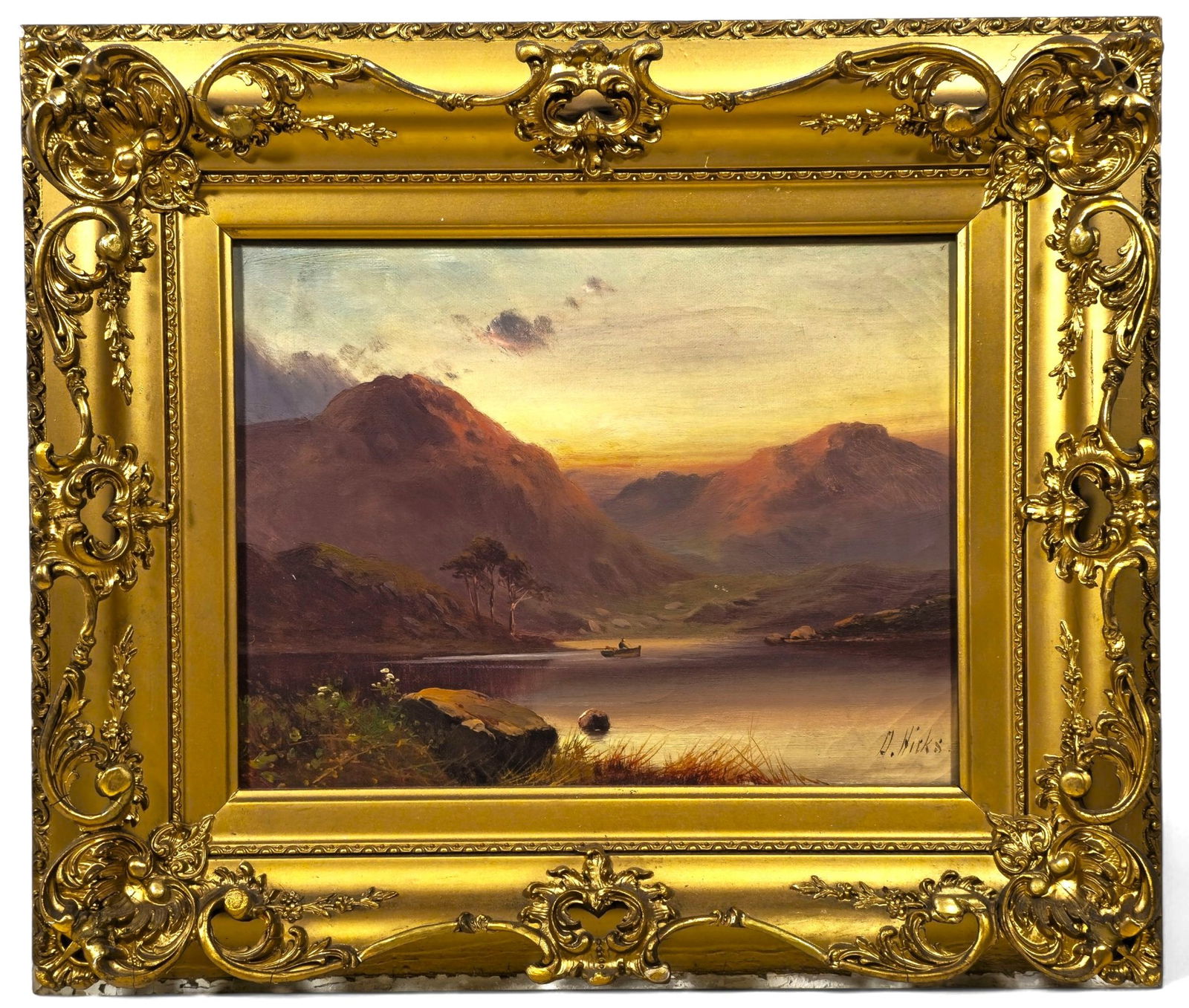 David Hicks "Mountain Lake at Sunset" Oil Painting: David Hicks (British, 19th/20th century), tranquil landscape painting depicting a lone fisherman rowing across a still mountain lake at dusk. Soft lavender and rose tones wash over the surrounding pea