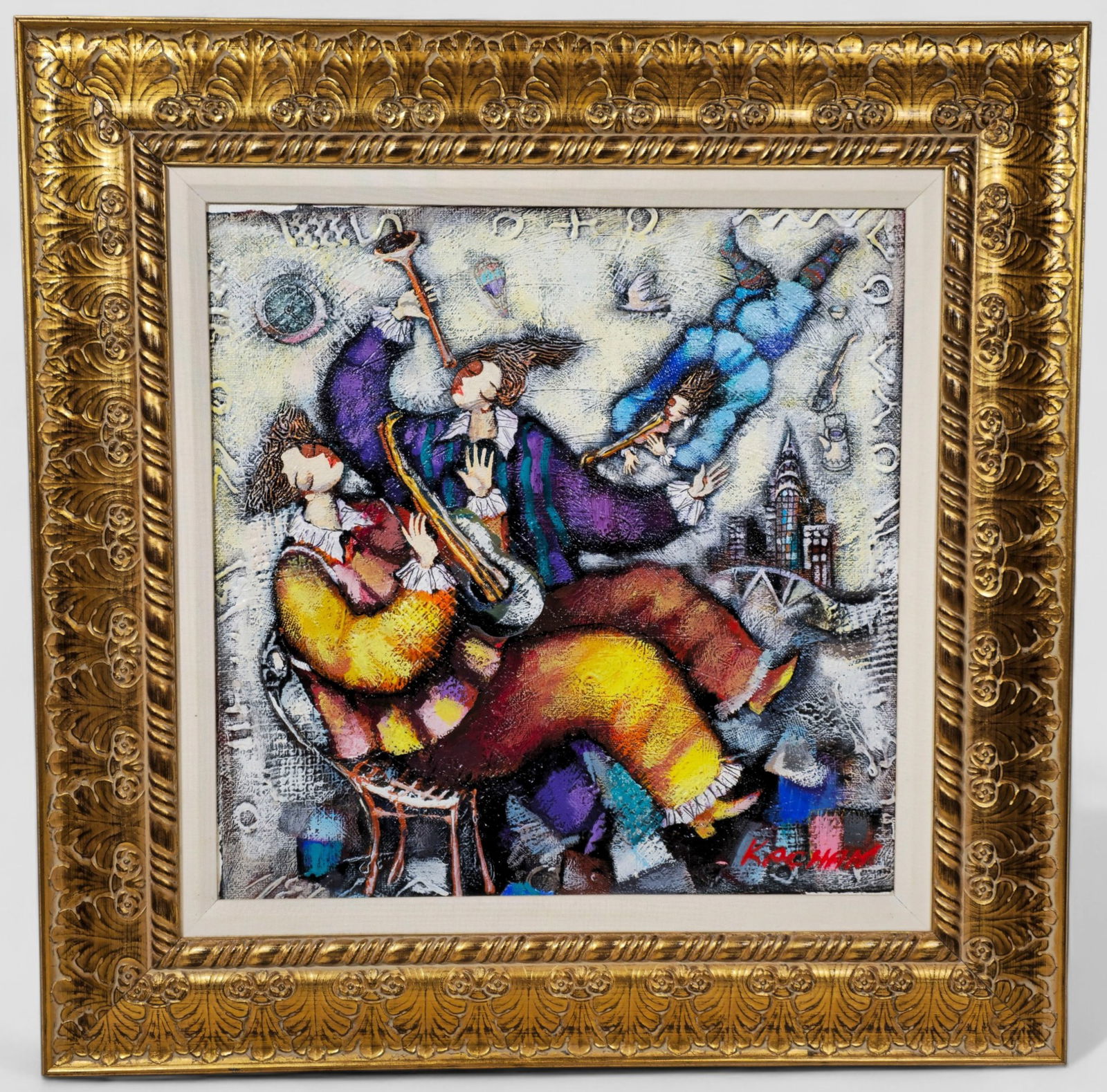Michael Kachan Musicians Oil Painting: Michael Kachan (Ukrainian-Israeli, b. 1953), richly textured oil painting featuring Kachan’s signature dreamlike ensemble of musicians. Three animated figures, rendered in vibrant patchwork colo