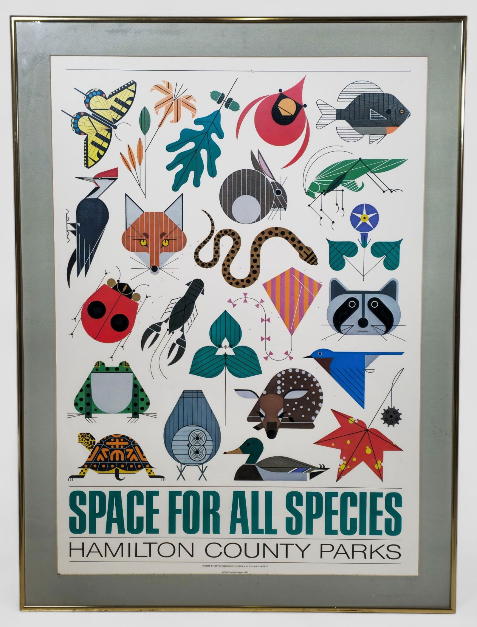 Charley Harper Hamilton County Parks, Space for All Species Poster: Charley Harper (1922-2007, Cincinnati) Charley Harper Hamilton County Parks, Space for All Species Poster. Sight- 27 1/4 x 17 Frame- 31 3/4 x 21 3/5