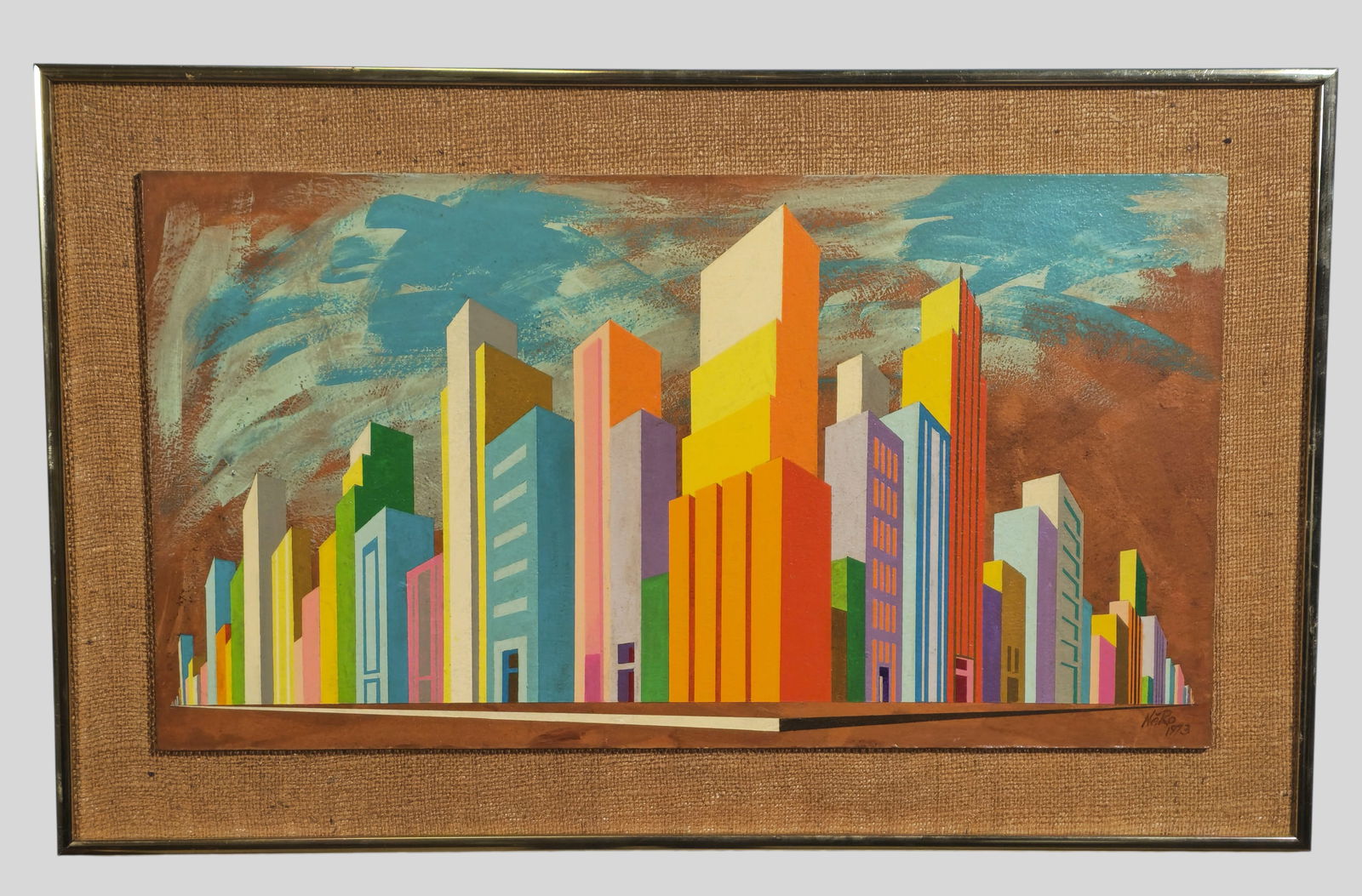 Nero Oil , Cityscape 1993: Oil on panel title "Megalopolis. Mounted to Grass cloth. Signed lower right. Gallery label to verso. Sight 12 x 22. Frame 16 1/4 x 24 1/4.