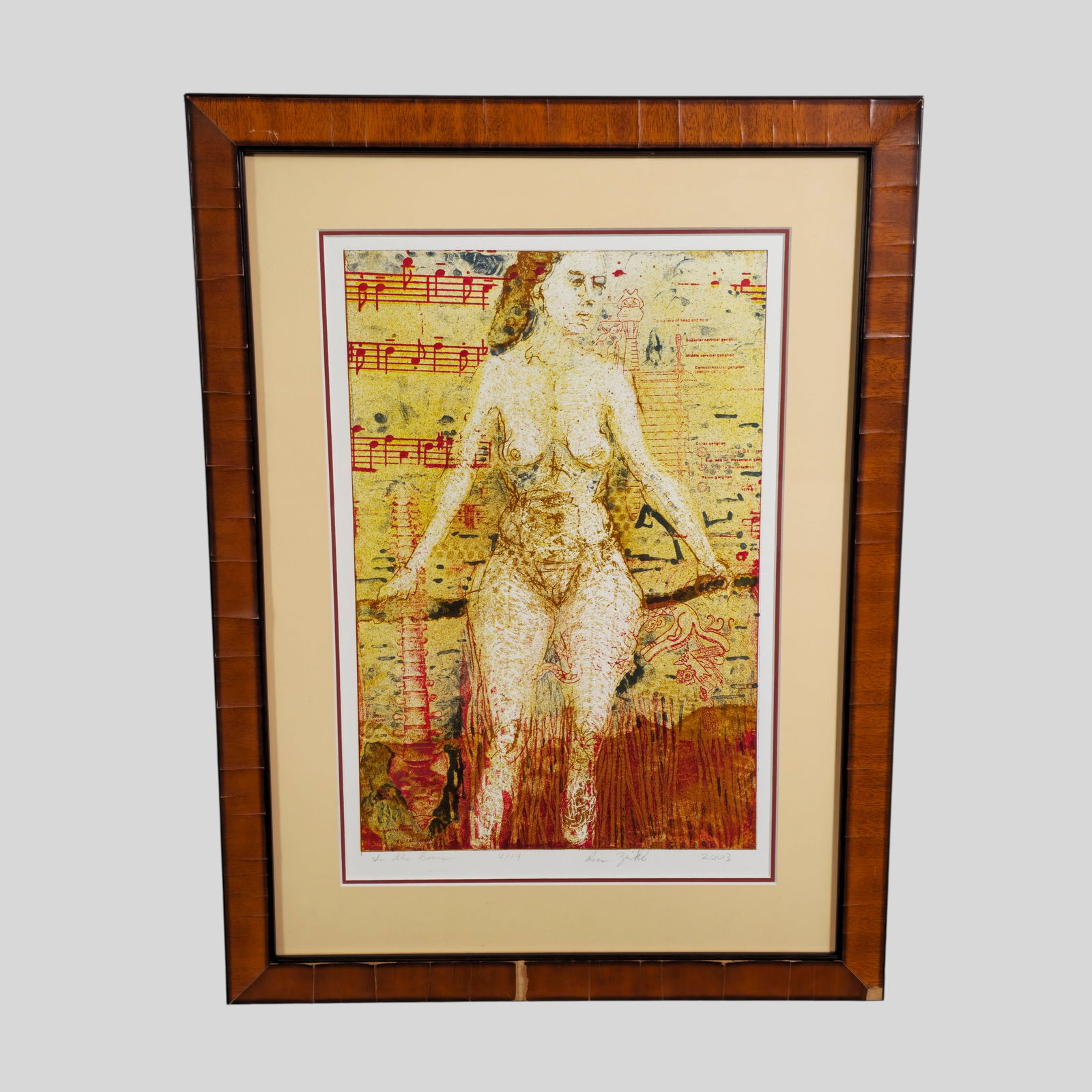 Nude on Musical Notes Lithograph, Illegible: Lithograph on paper, "In the bones" signed, Titled and numbered 4/14 lower margin in pencil. Image size 14 1/2 x 18. Frame - 20 1/2 x 15 1/4.