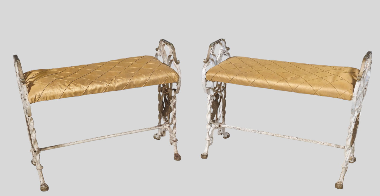 Art Deco Winged Griffin Cast Iron Benches: Art Deco Winged Griffin Cast Iron Benches. Pair. USA. 1920. Painted and enameled iron. 24 3/4w x 11 1/4 x 20 1/2. SH- 17.