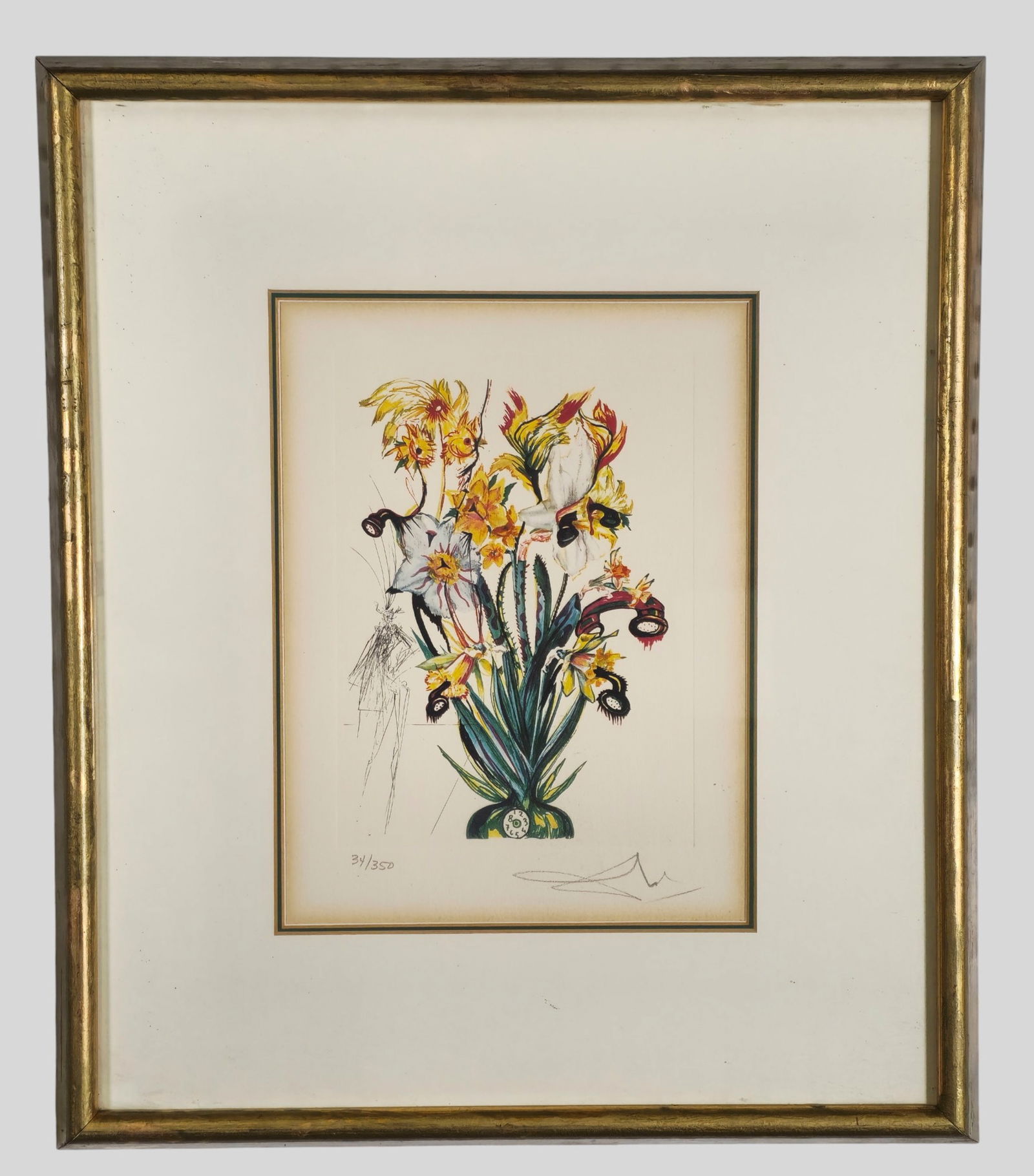 Salvador Dalí Lithograph: Salvador Dalí Lithograph. "Narcissus telephonans inondis". Signed and numbered 34/350 lower margin. Image size- 8 1/4 x 6 Frame- 18 1/2 x 16