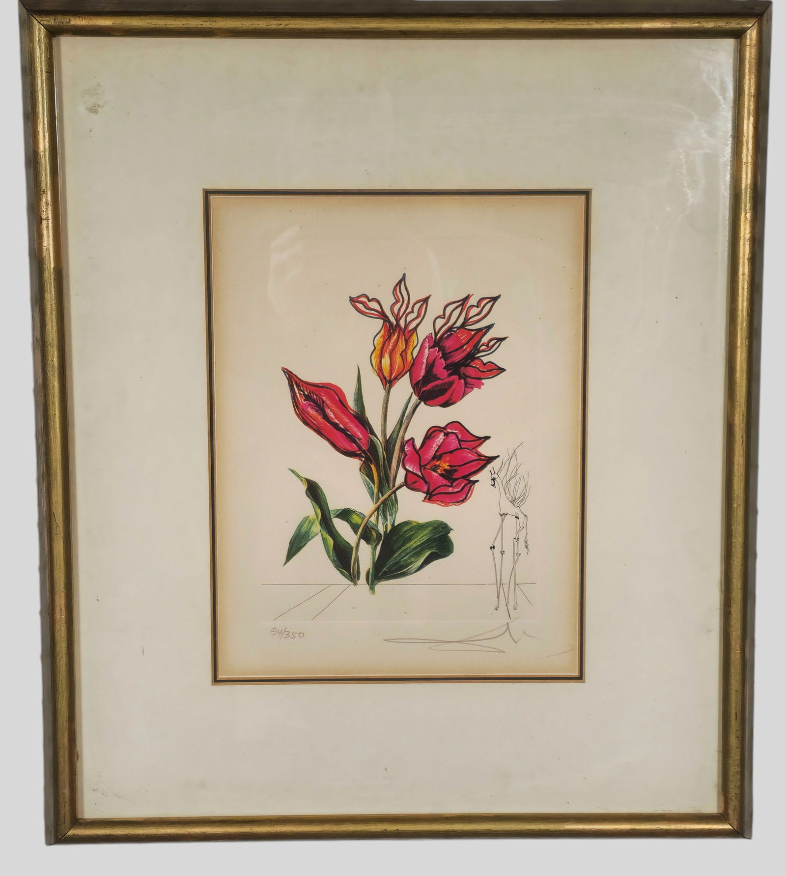 Salvador Dali Engraving: Salvador Dali (1904-1989, Spain, France) Etching on paper," Kissing Tulips" Signed in pencil lower right and numbered 34/ 350 lower left. From The Surrealistic Flowers Suite. Image Size- 10 3/4 x