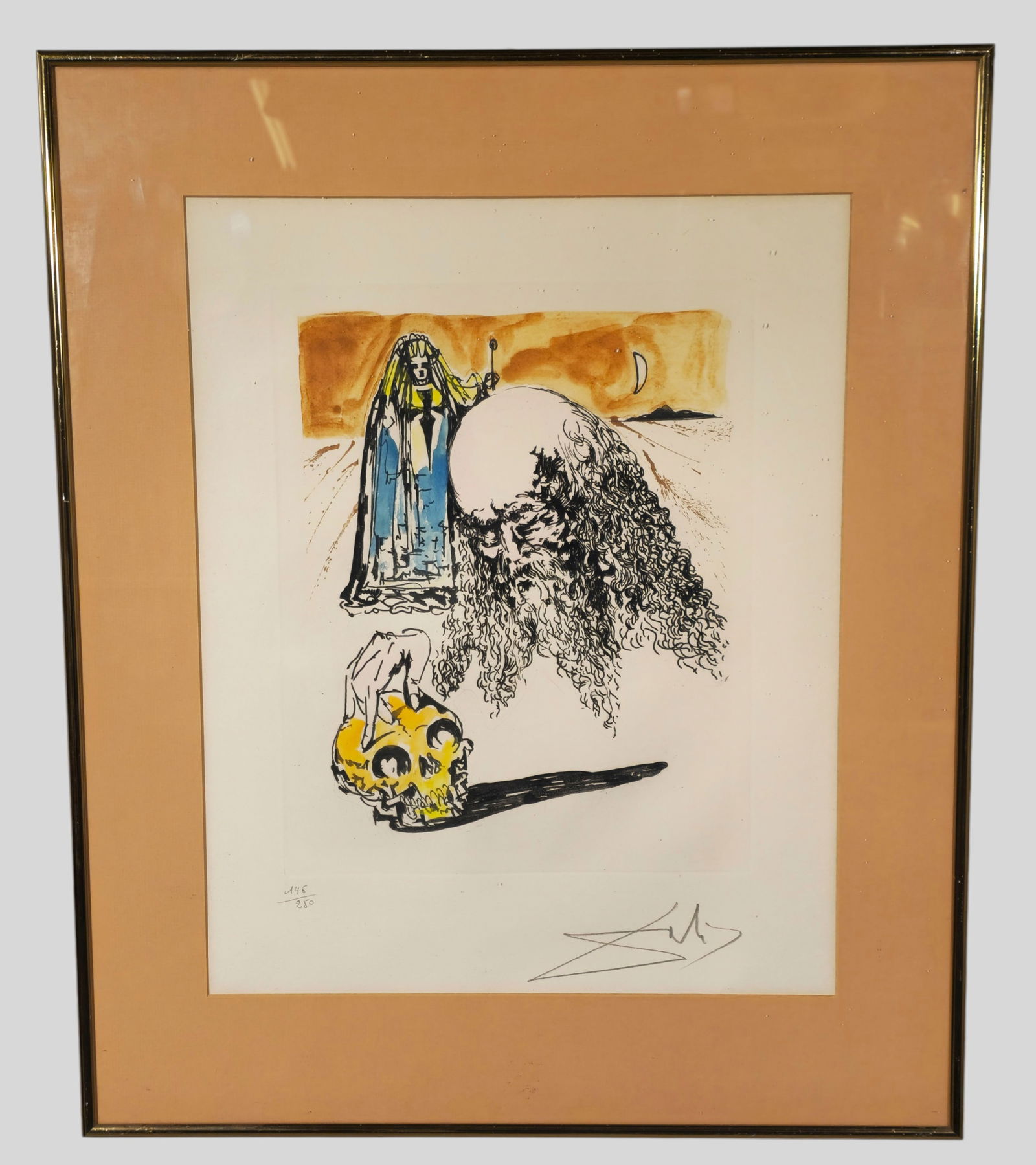 Salvador Dail Engraving: Salvador Dali (1904-1989, Spain, France) Engraving with stencil highlights on paper," Old Man With Skull" Signed in pencil lower right and numbered 146/250. From La Vida es Sueno Series Image