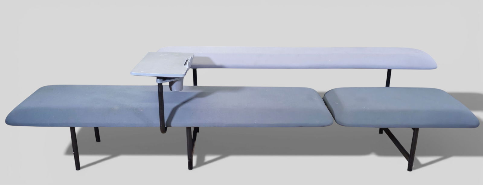 Nao Tamura Kanso Bench: Nao Tamura Kanso Bench with custom ordered rectangular swivel table and Pen holder. HBF furniture and Textiles. Table support may be removed for simplicity. Upholstery, luminant, plastic and