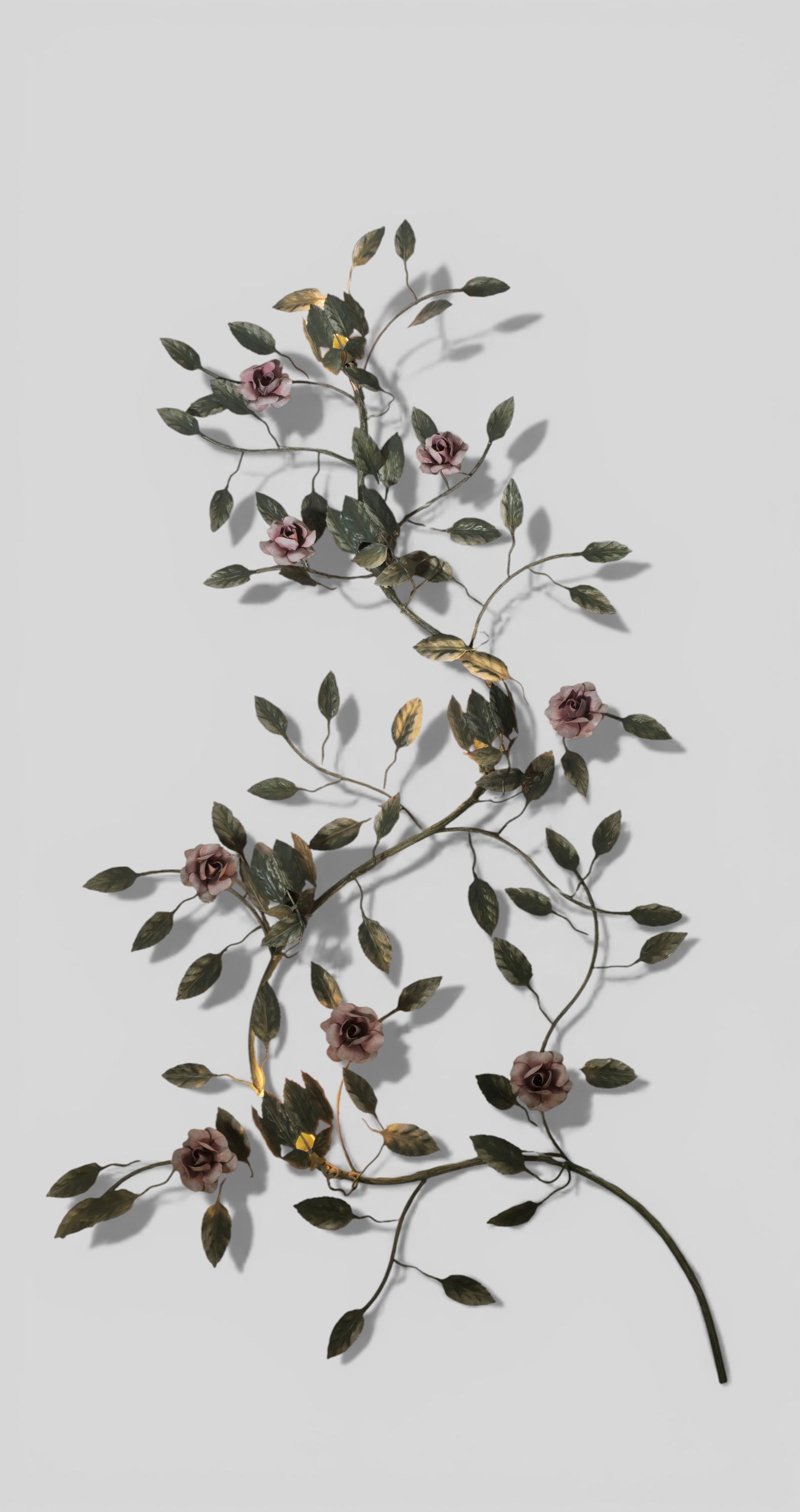 MCM Enameled Rosebush Wall Sculpture: MCM Enameled Rosebush Wall Sculpture. Designer unknown. 1960. Enameled metal. 40w x 4d x 56h.