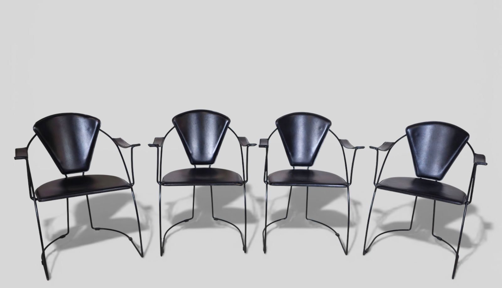 Arrben Italian Black Leather Arm Chars: Arrben Italian Black Leather Arm Chars, set of (4) Italy. Enameled iron and leather. 23w x 22d x 31 3/4h sh- 19