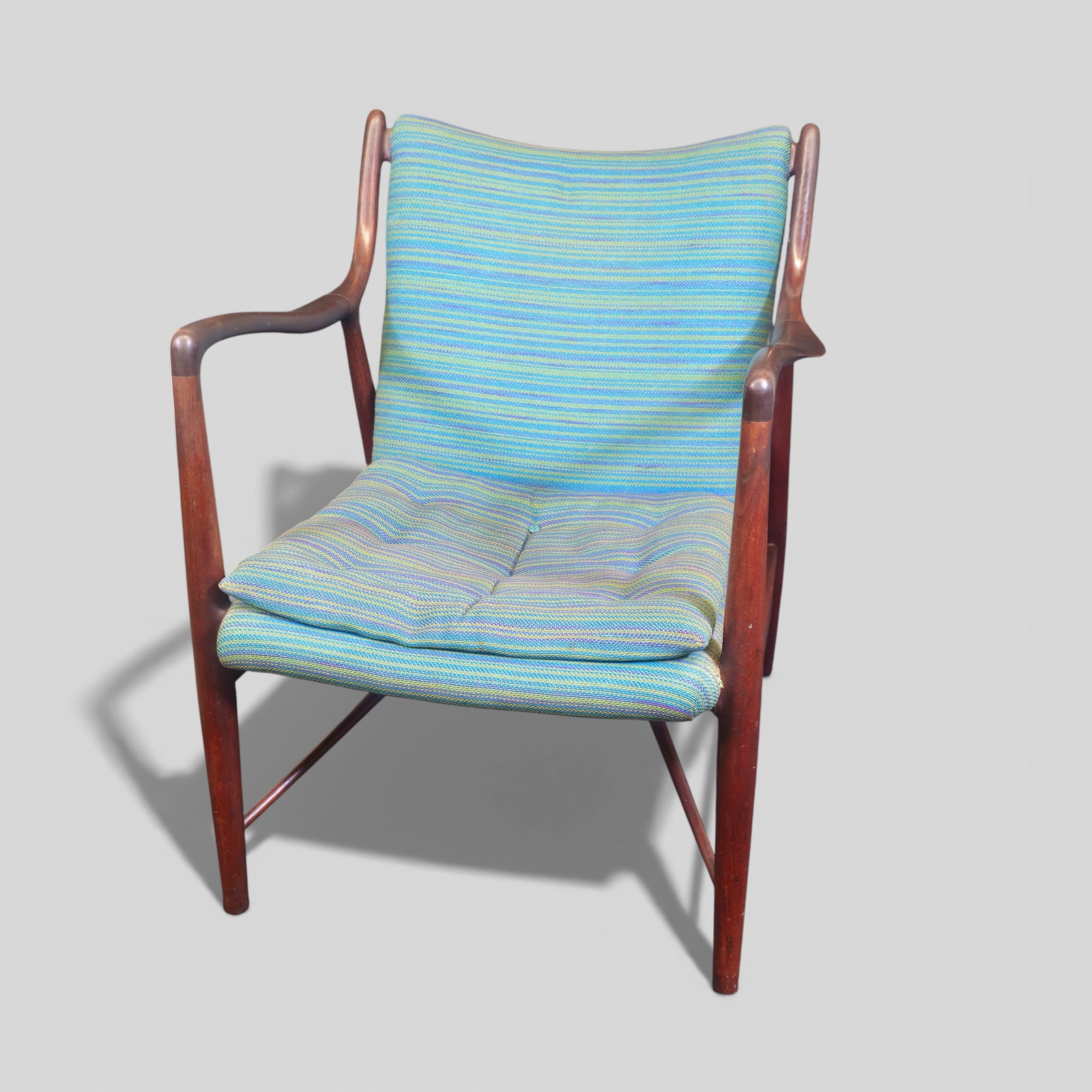 Finn Juhl NV45 Lounge Chair: Finn Juhl NV45 Lounge Chair. Niels Vodder. Denmark, 1945. Teak and upholstery. 27 1/2w x 30 1/4d x 32 1/2h. SH-16 1/2