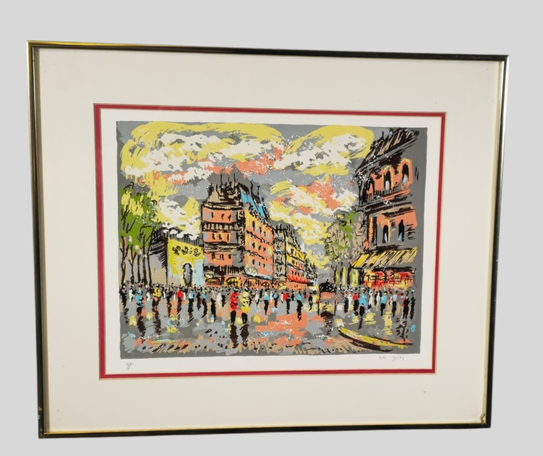Isac Goody Signed Paris City Street Scene: Isac Goody (20th Century, Lithuania) Artist Proof Serigraph of Paris City Street Scene. Signed in pencil and AP lower margin. Image Size 13 1/2 x 17 1/2. Frame 20 1/4 x 24 1/4.