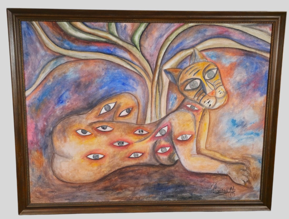 Carlos N. Oil Surrealist Feline Figure With Multiple Eyes: Carlos N (20th/21st century). Surrealist oil on canvas depicting a reclining feline-human hybrid figure with multiple eyes across the torso beneath stylized branching forms. Expressive use of color