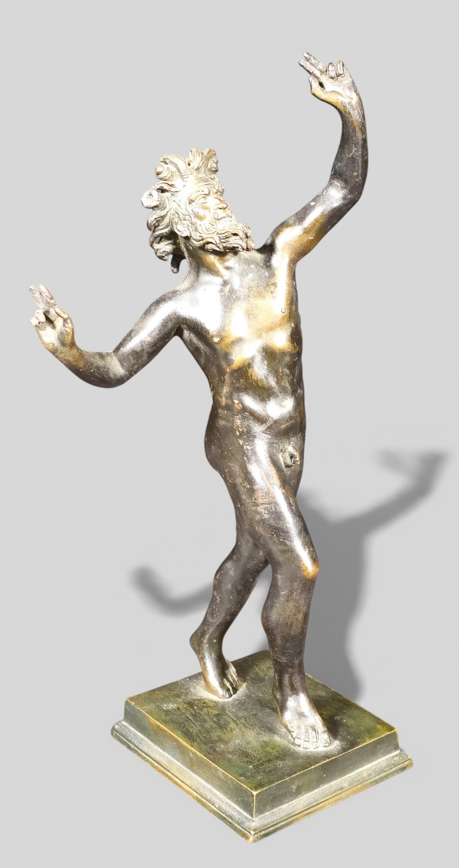 Bacchus Pompeii Verdigris Faunas Bronze Sculpture: Bacchus Pompeii Verdigris Faunas Bronze Sculpture. 2nd quarter of 20th century. Rest on beveled stepped square base. 5 1/4w x 4d x 12 1/4h