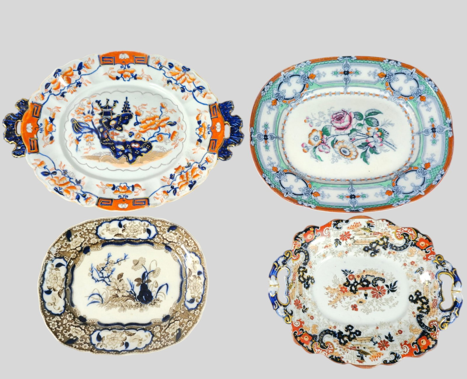 Assembled 19th Century Ironstone Platters: Assembled 19th Century Ironstone Platters. 4 total. Oval "Japanese" pattern. 10 3/4w x 8 5/8d x 1 1/8h. Two handle platter "Japanese Imari" pattern. 11 3/4w x 9 3/8d x 1 3/4h. Early spondee "Chinese R