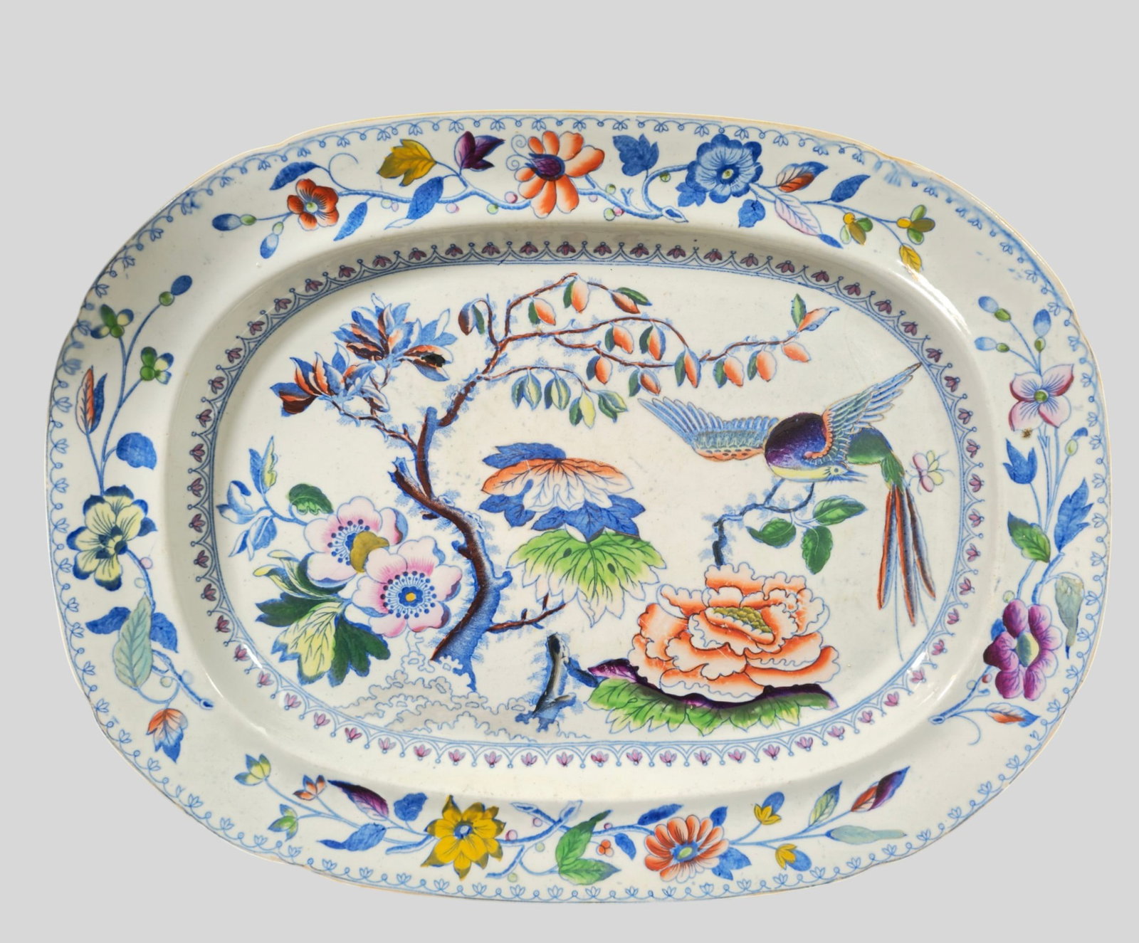 Large 19th Century Davenport Porcelain Tray/ Platter: Large 19th Century Davenport Porcelain Tray. Circa 1840. "Flying Bird" pattern.18 1/4w x 13 3/4d x 1 1/2h.
