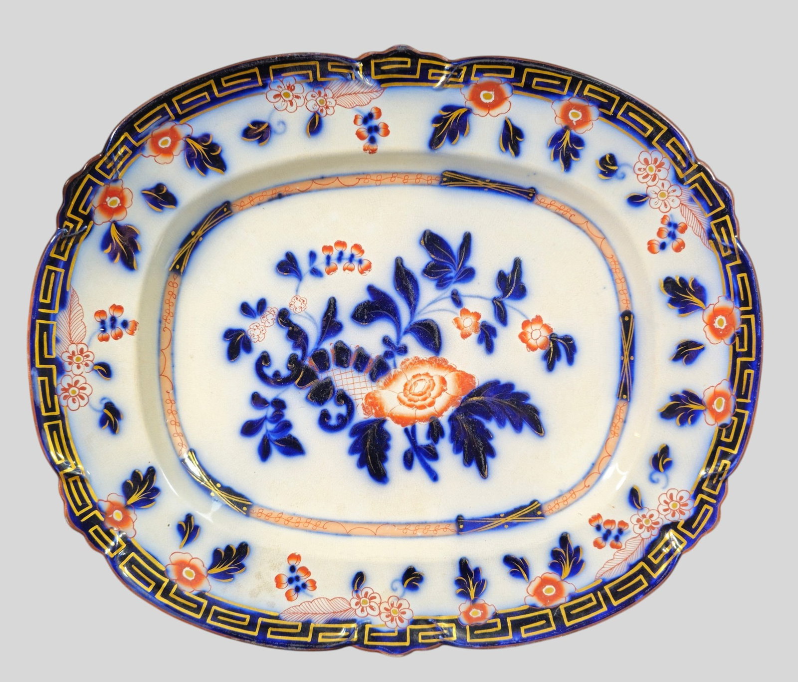 19th Century Ironstone "Japanese Export" Tray/ Platter: Large 19th Century Ironstone "Japanese Export" Tray/ Platter. Gilt Greek Key border.17w x 14 1/8d x 1 5/8h.