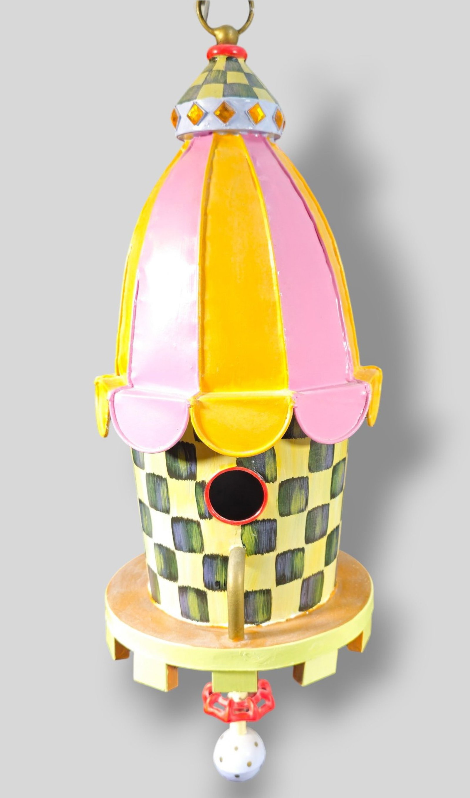 Mackenzie-Childs Bird House: Mackenzie-Childs Bird House. Brass manufacturer's label. 8dia x 23 1/4h.