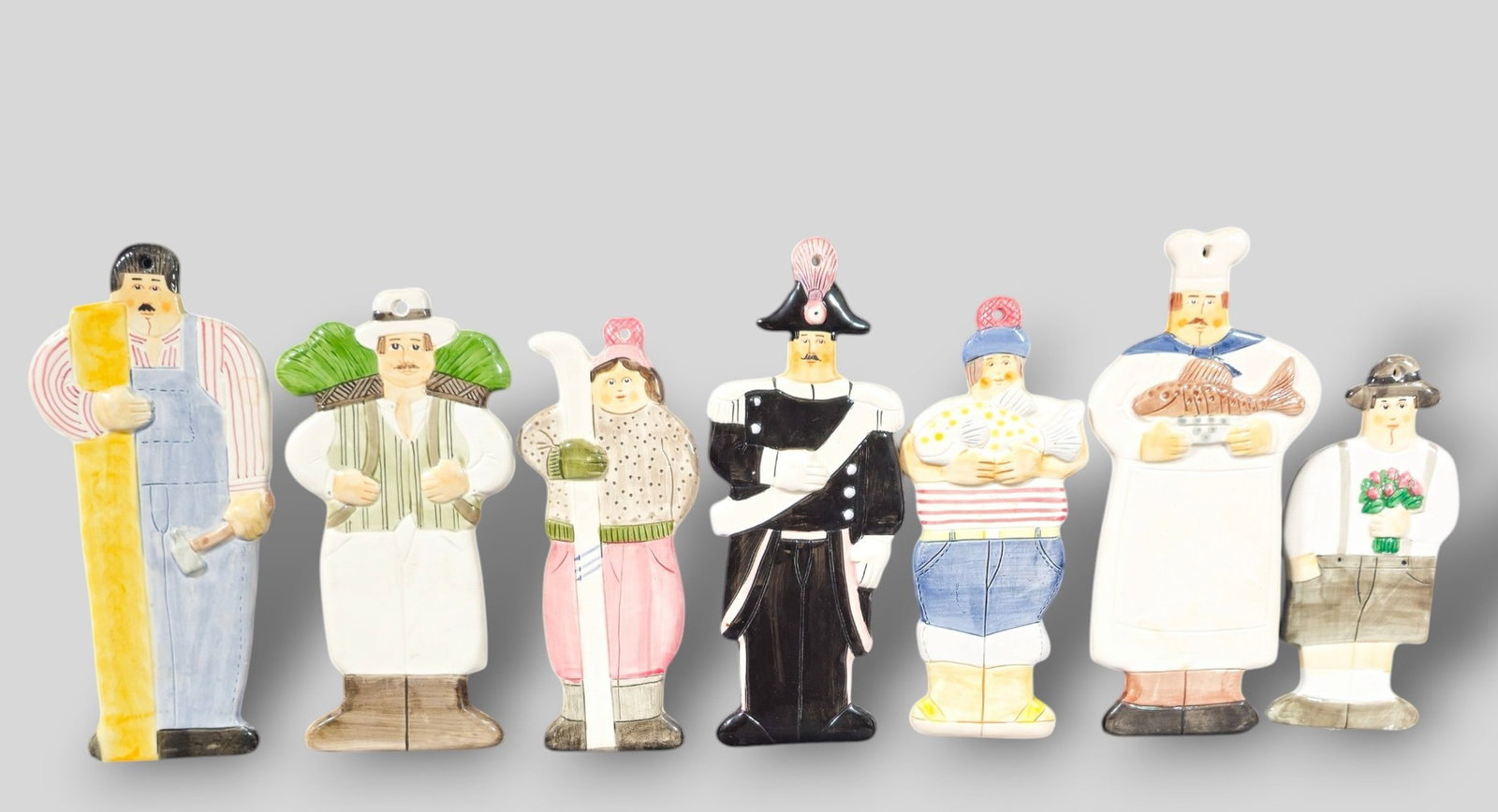 Les Artisans Sigma Porcelain Wall Plaques: Les Artisans Sigma Porcelain Wall Plaques. 7 total. Capenter, chef, skier, soldier, Fisherman, the date and farmer. The taste setter Towle Co. to underside. 4 1/2w x 1/2d x 10 1/4h.