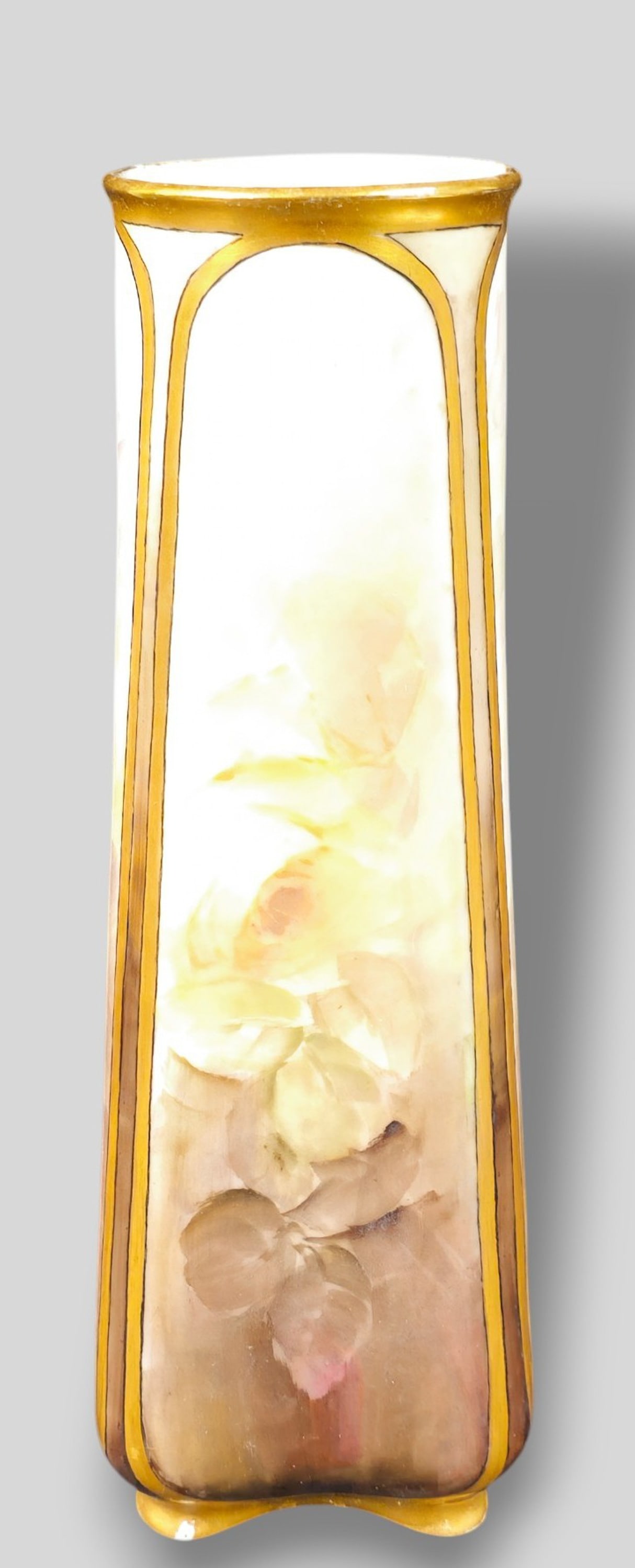 Porcelain Fischer & Mieg Hand Painted Gilt Vase: Porcelain Fischer & Mieg Hand Painted Gilt Vase. Manufacturer's mark to underside. 4w x 4d x 11 5/8h.