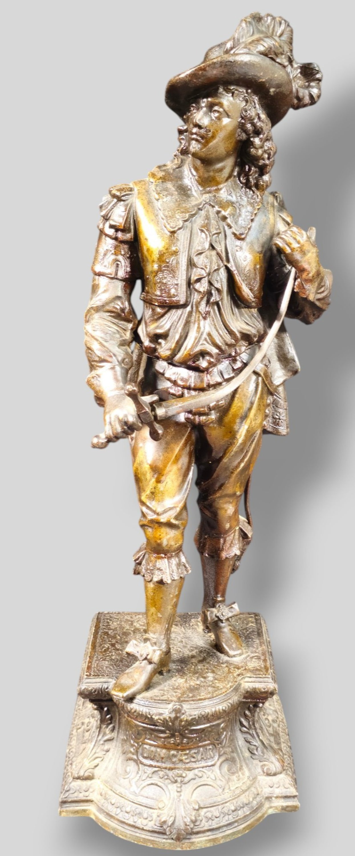 Ansonia Don Cesar Spelter Figure: Ansonia Don Cesar Spelter Figure. USA, 1890-1900. Depicts a 17th Century Cavalier. 6 1/2w x 6d x 20 1/2h.