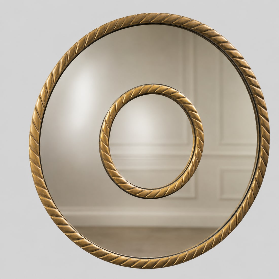 Round Gilt Double Bullseye Mirror: Round Gilt Double Bullseye Mirror. Circa 1940s. Gilt wood border with ribbed grooves. 32 dia x 1d.
