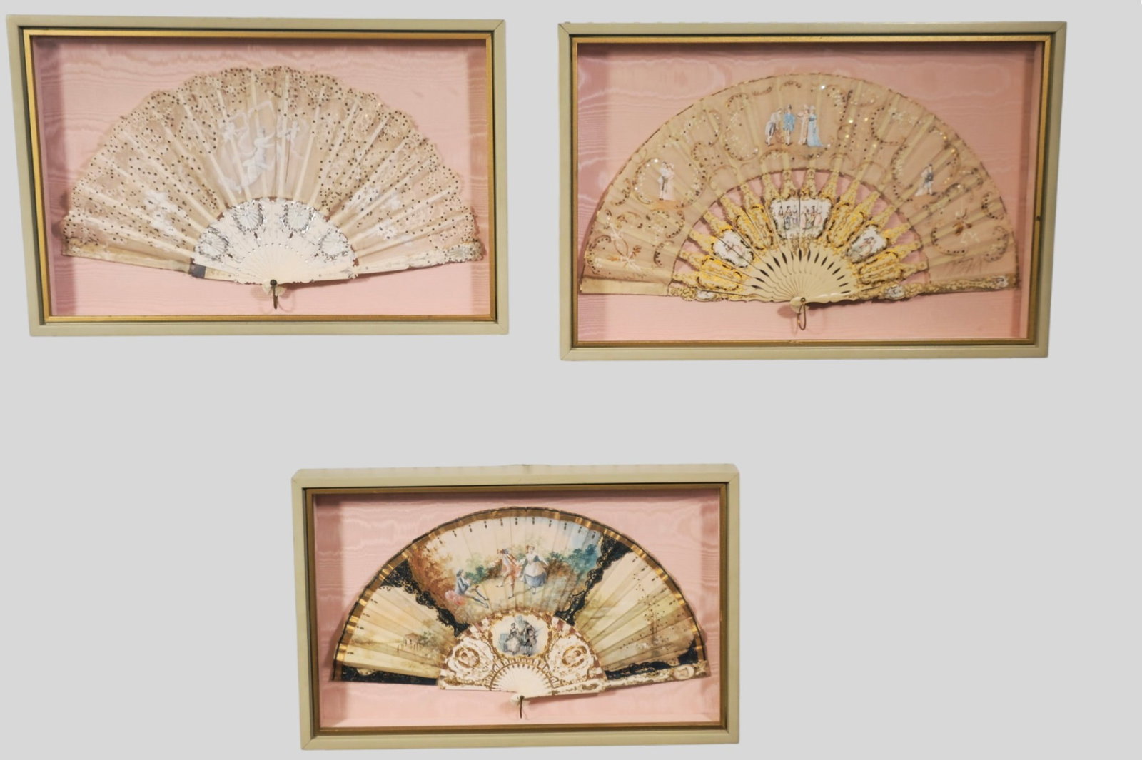Assembled 19th Century Hand Decorated and Embossed Framed Fans.: Assembled 19th Century Hand Decorated and Embossed Framed Fans. 3 total. Circa 1880-1900. Professionally framed and matted. Largest frame 21 1/4w x 2d x 14 1/4h.