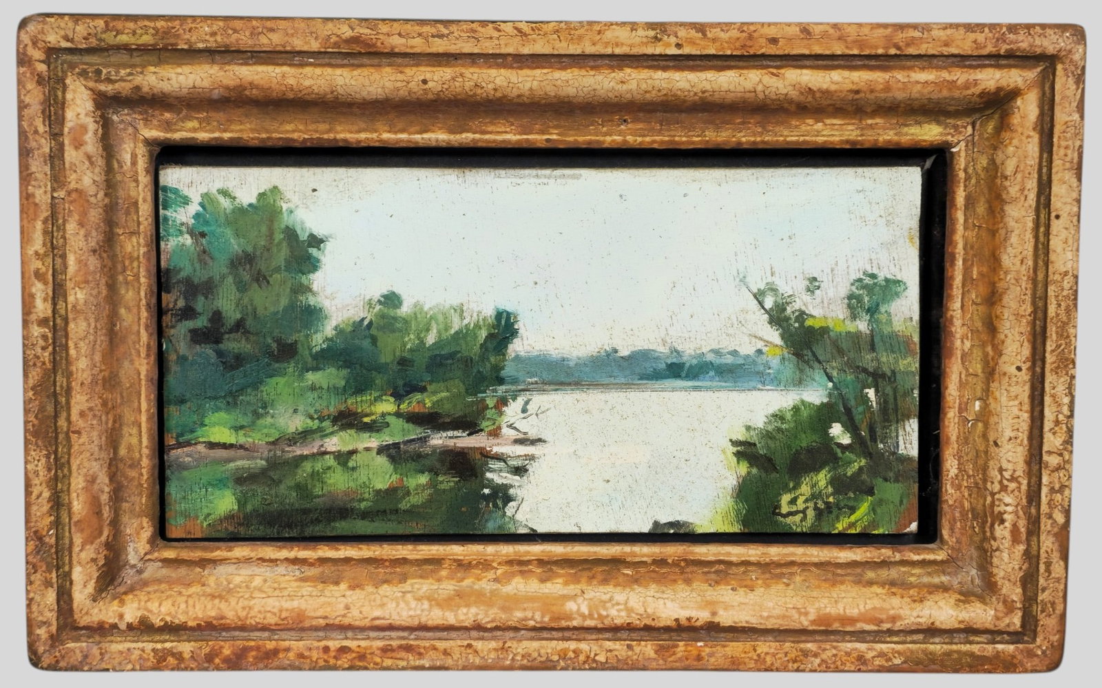 Illegible Lake Scene Oil: Oil on panel," Reservoir Davies Farm" Signed lower right. Housed win washed gilt wood frame.