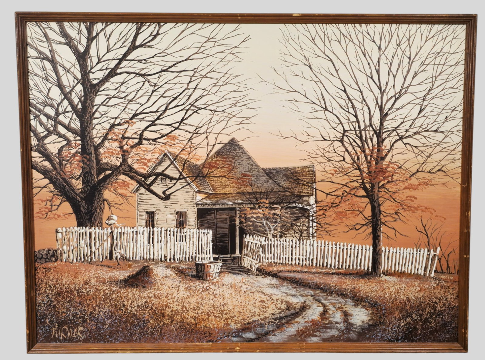 Turner Oil: Oil on canvas, untitled. Farmhouse oil with white picket fence. Signed lower left. Sight 29 1/2 x 39 5/8. Frame 31 1/4 x 41 1/4.