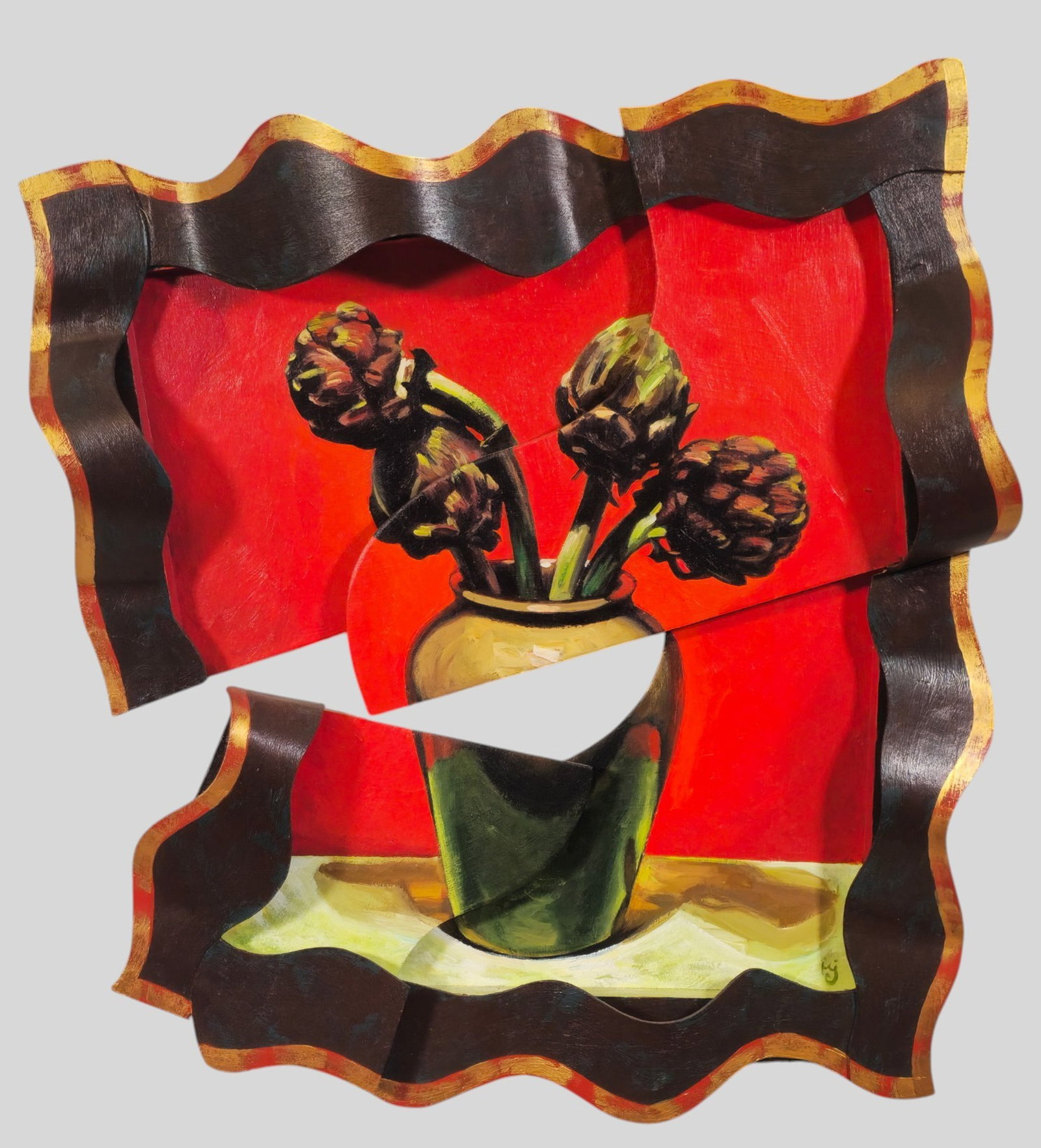 Brian Joiner Acrylic: Brian Joiner ( -2010 Cleveland, Cincinnati) Acrylic," Mint & Red" Dated 2006, Acrylic on wood with original sculptured frame. Signed, titled and dated to version. Sight 25 x 22. 3 1/4d.