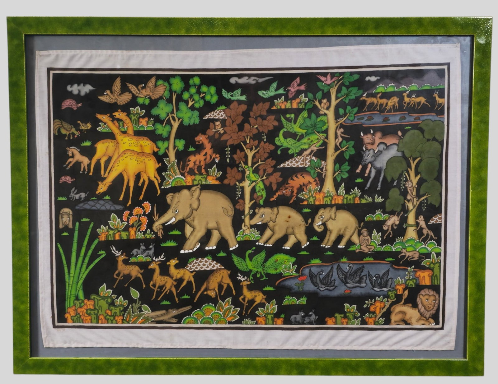 Acrylic On Silk Animal Tapestry: Acrylic On Silk Animal Tapestry. Professionally framed and matted. Sight 20 1/2 x 28 1/2. Frame 24 x 31 3/4.