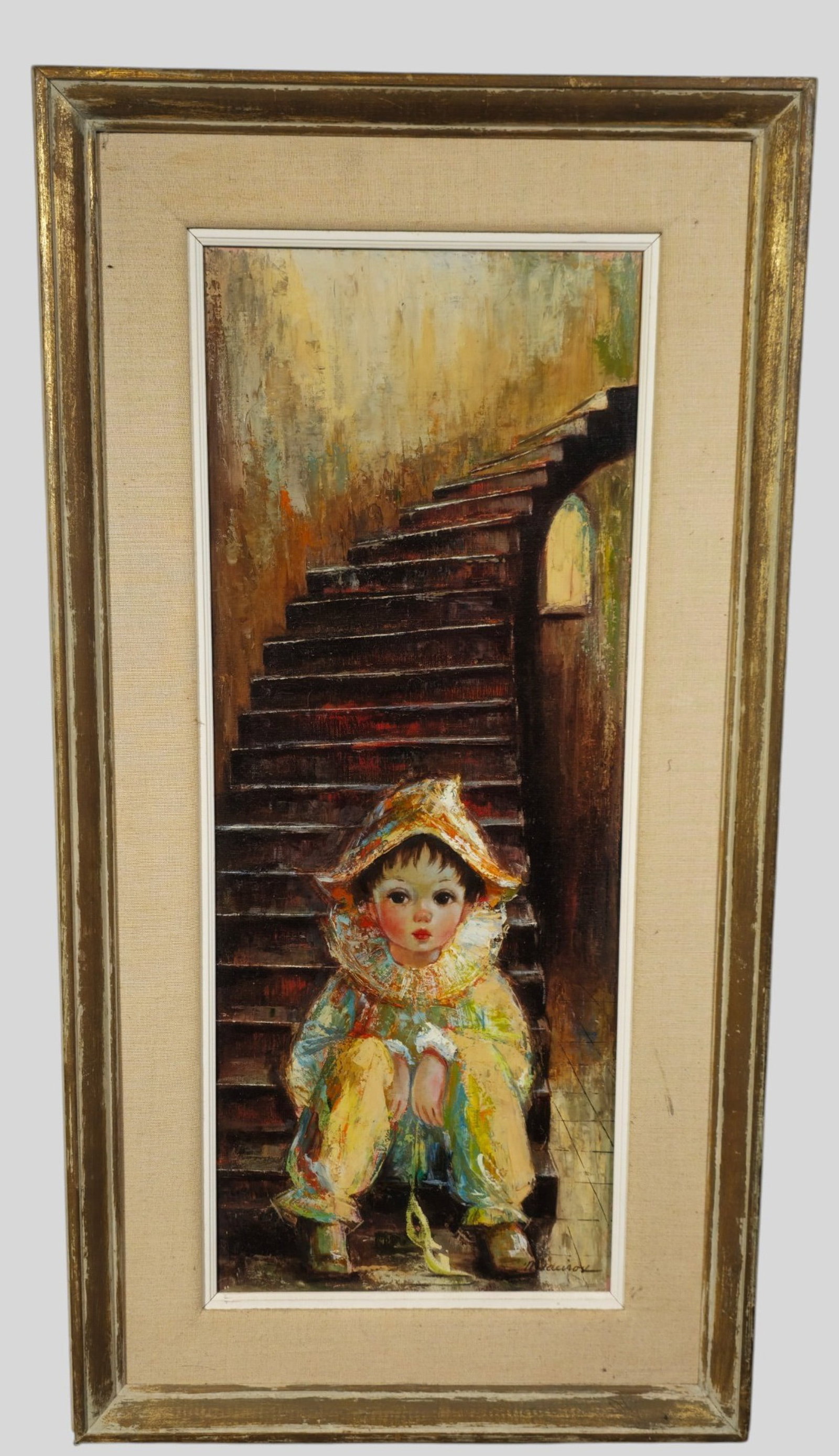 Myrle Medeiros Oil: Myrle Medeiros (1912-1981, CA) Oil on canvas, untitled. Child dressed like a jester sitting on steps. Signed lower right. Professionally framed and matted . Painted and Gilt frame. Sight 29 3/4 x 11