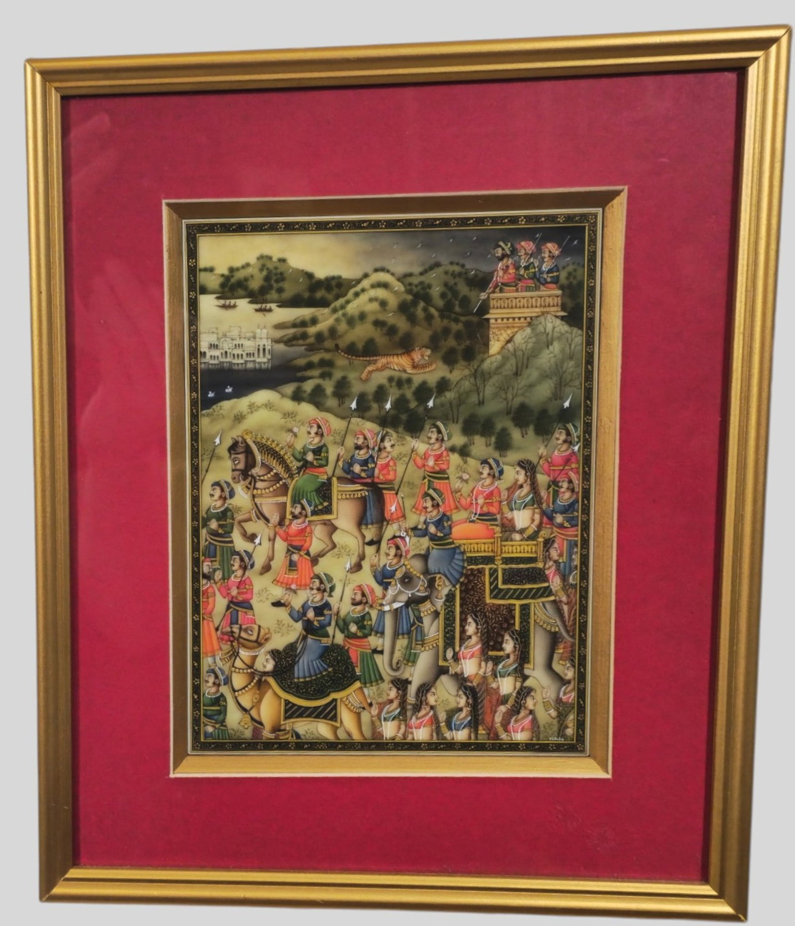 Late 19th Century Indian Hunting Scene Painting: Late 19th Century Indian Hunting Scene Painting. Circa 1880. Fine detailing, jeweled tones and profiles of figures. Professional framed and has raised matting. Sight 8 x 6. Frame 12 1/2 x 10 1/2.