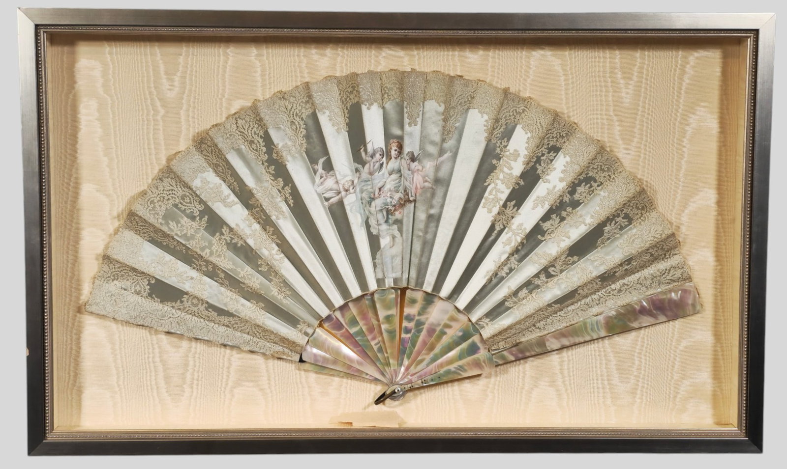 MOP Hand Painted Framed Silk Fan: MOP Hand Painted Framed Silk Fan. Circa 1920s. Silk and lace with hand painted lady and cherubs. Frame 13 x 18. (2d)