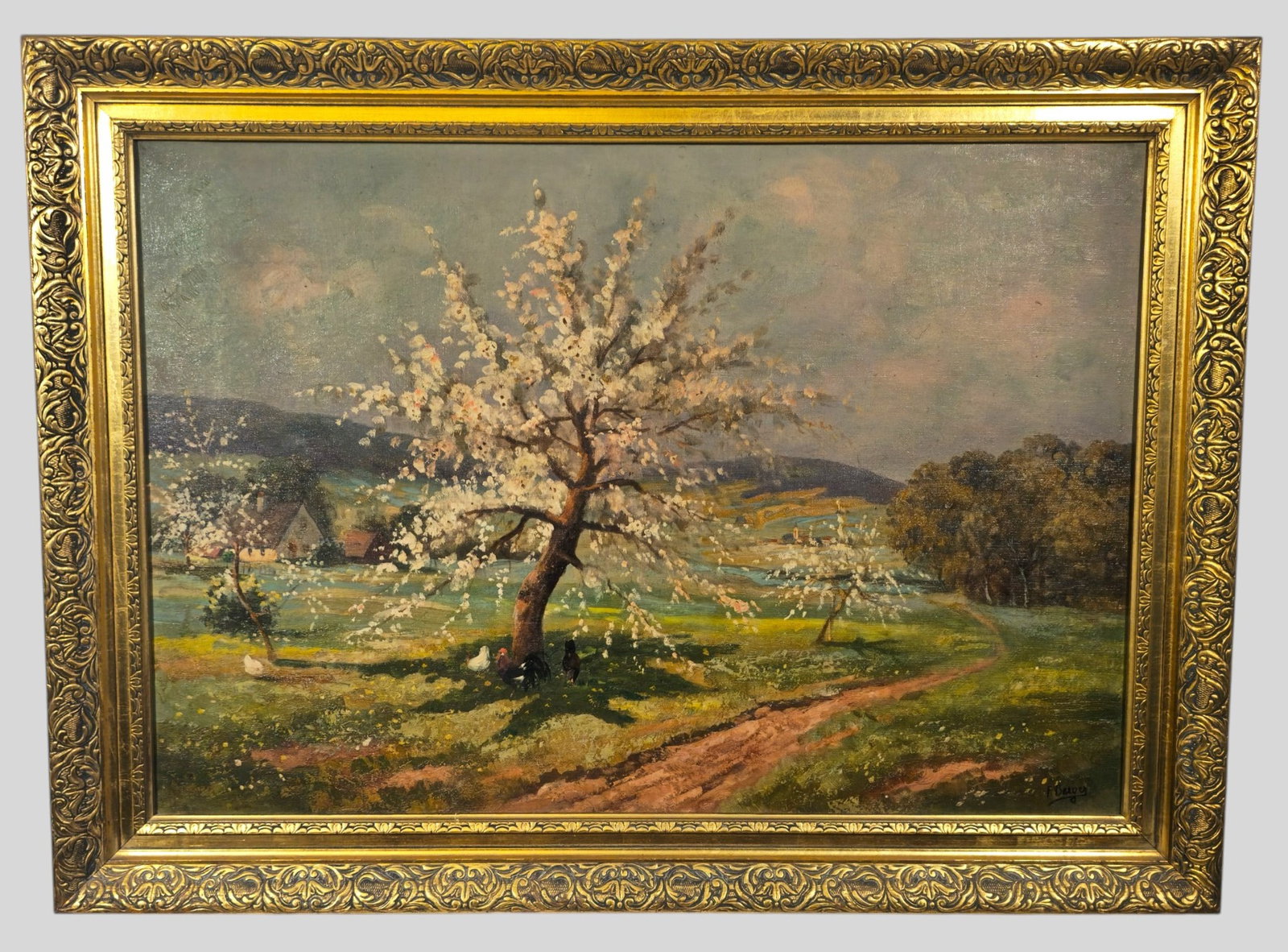 Francique Jean Schaeffer Berger Oil: Francique Jean Schaeffer Berger(1808-1874, France) Oil on canvas," Springtime" Signed lower right. Signed lower right. Housed in gilt Art Nouveau frame. Sight 21 1/2 x 31 1/2. Frame 27 1/2 x 37 1/2.