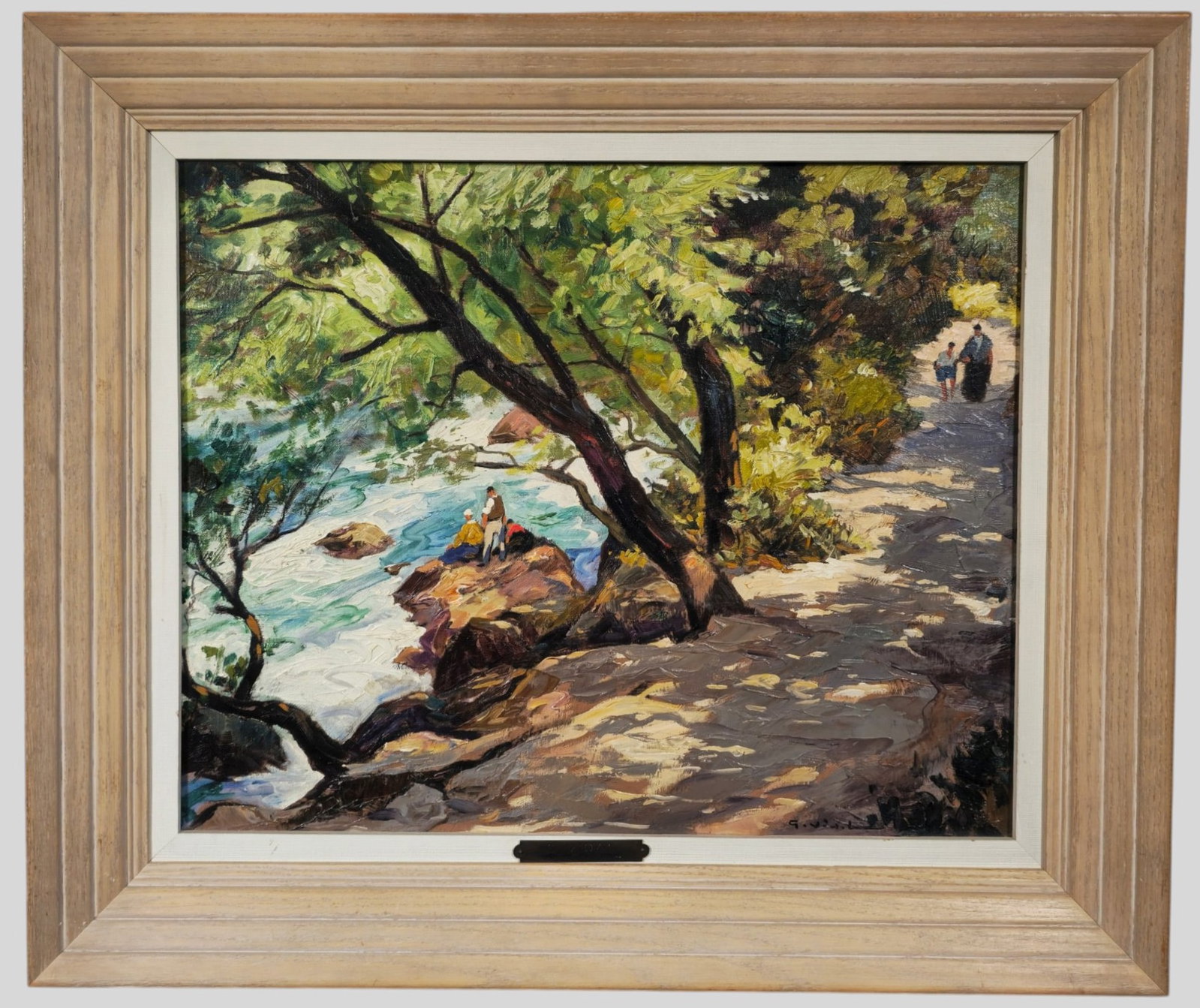 Georges Vidal Oil: Georges Vidal (1895- , France) Oil on canvas, untitled. Impressionist river scene with figure on rocks and walkway. Signed lower right. Housed in cerused oak frame. Sight 17 3/4 x 21 1/2. Frame 4 1/2