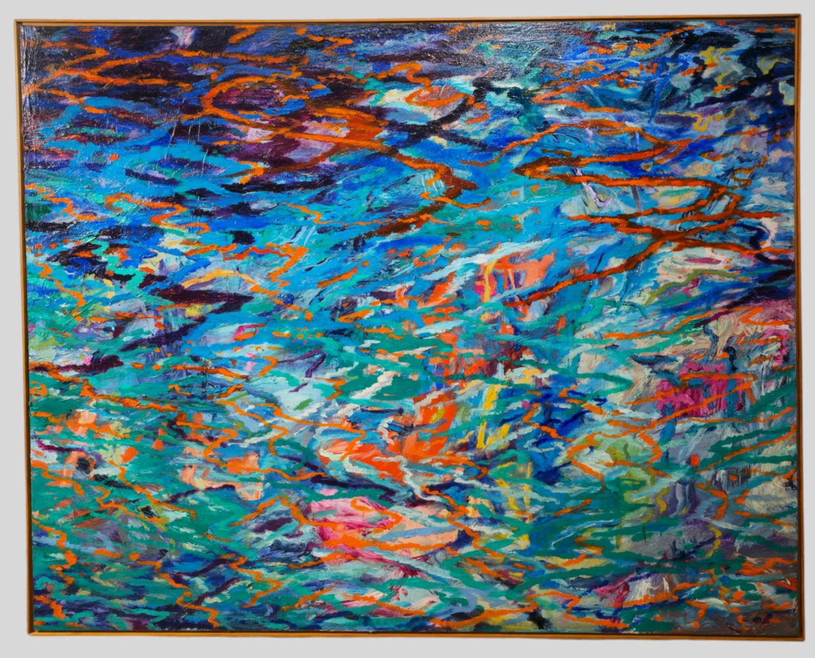 June Kilgore Acrylic: June Gilgore (1927-2006, WV) Acrylic on canvas, titled, "Aegean Secrets" Water Series from Greek trip. Signed and notations to verso. Sight 48 x 60. Frame 48 1/4 x 60 1/4.