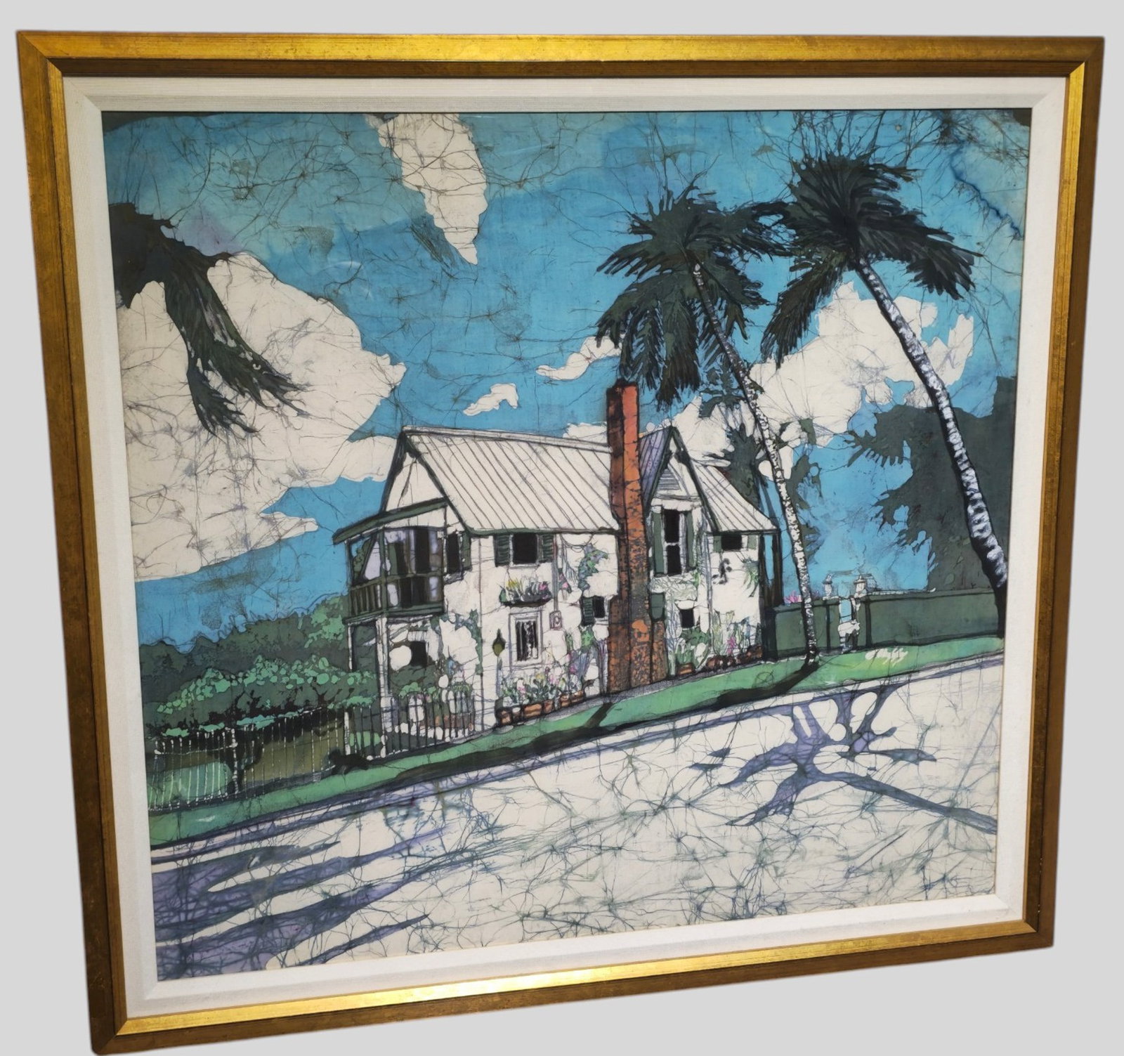 Batik and Oil on Linen of Beach House: Batik and Oil on Linen of Beacc House. 1970s. Professionally framed and matted. Sight 27 1/4 x 29 1/4. Frame 32 1/2 x 34.