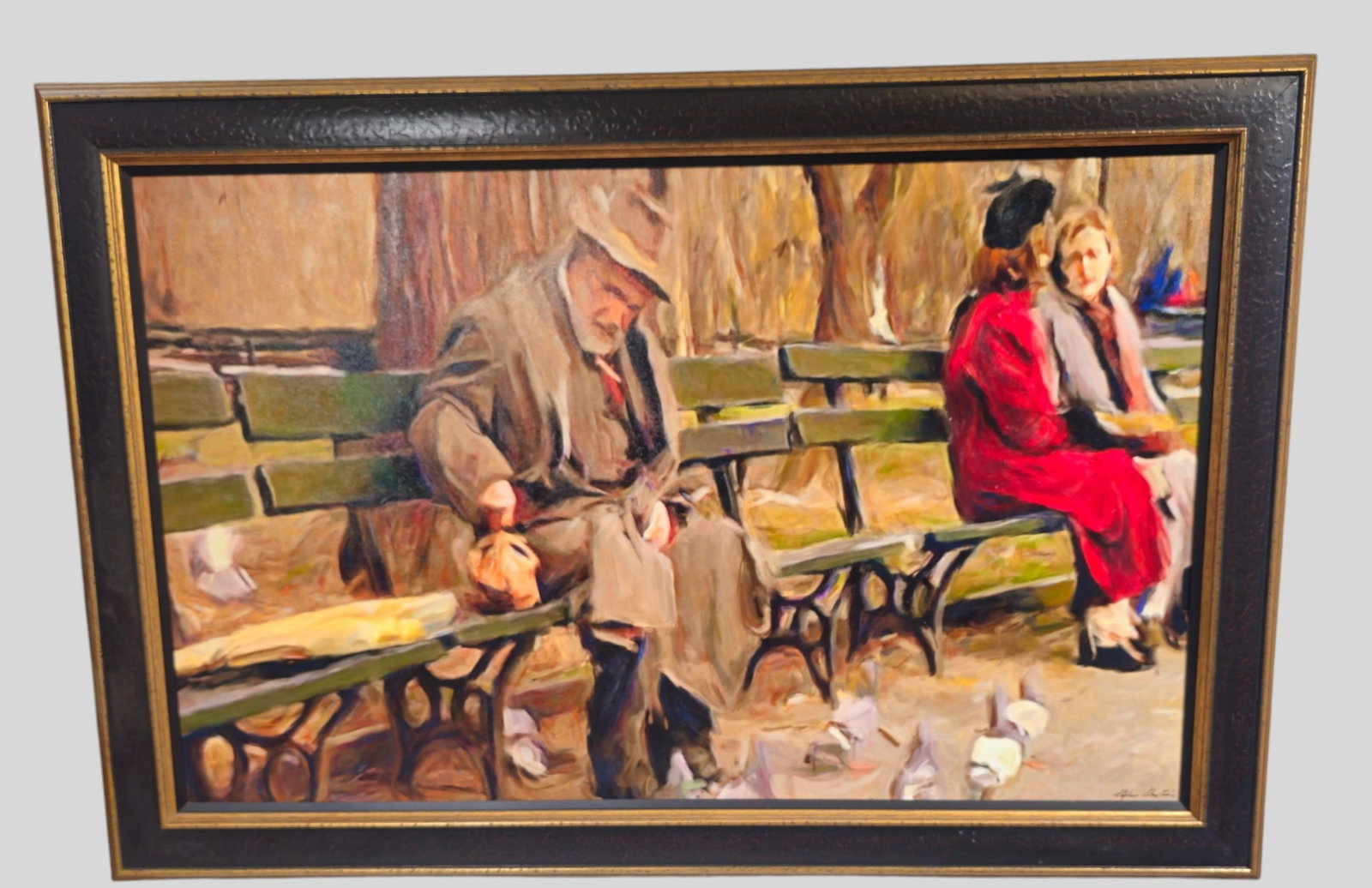 Stephen Sebastian Oil: Stephen Sebastian (20th Century) Oil on canvas. Untitled. Figures sitting on park bench. Signed lower right. Professionally framed and matted in gold frame. Sight 27 x 43. Frame 34 x 50 1/2.