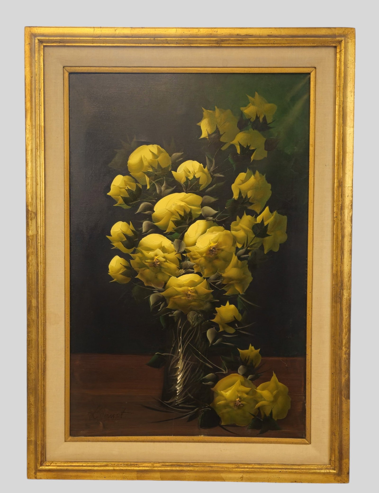 J Laurent Oil: J Laurent Oil (20th Century) Untitled, Still life of floral vase. Signed lower left. Professionally framed and matted in gold frame. Sight 35 3/4 x 23 1/2. Frame 42 14 x 32