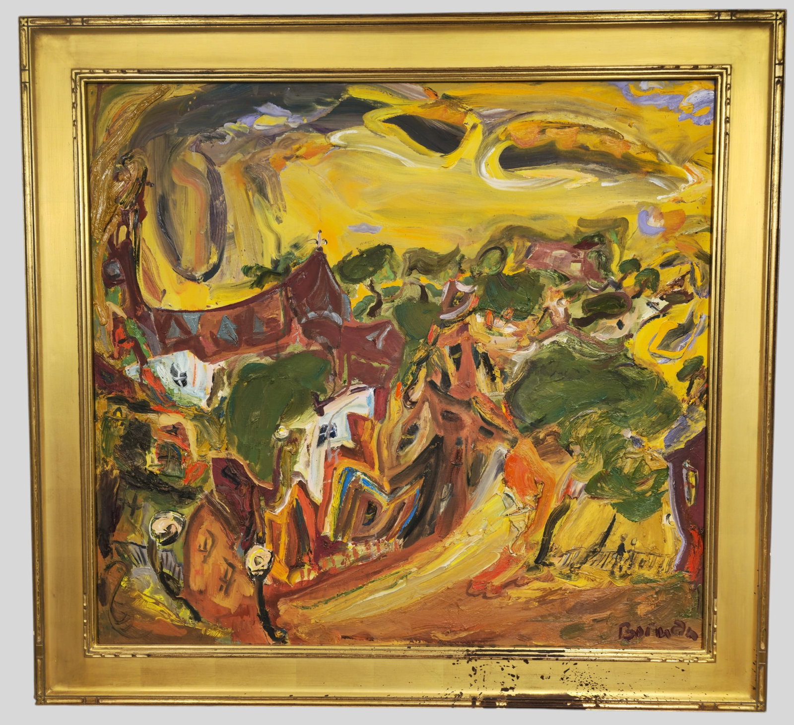 Ted Borman Oil: Ted Borman (20th Century, Cincinnati) Oil on canvas titled,"View of St. Paul" Impressionist scene. Signed lower right. Professionally framed in gold leaf frame. Sight 32 1/2 x 35 1/2. Frame 40 x 42