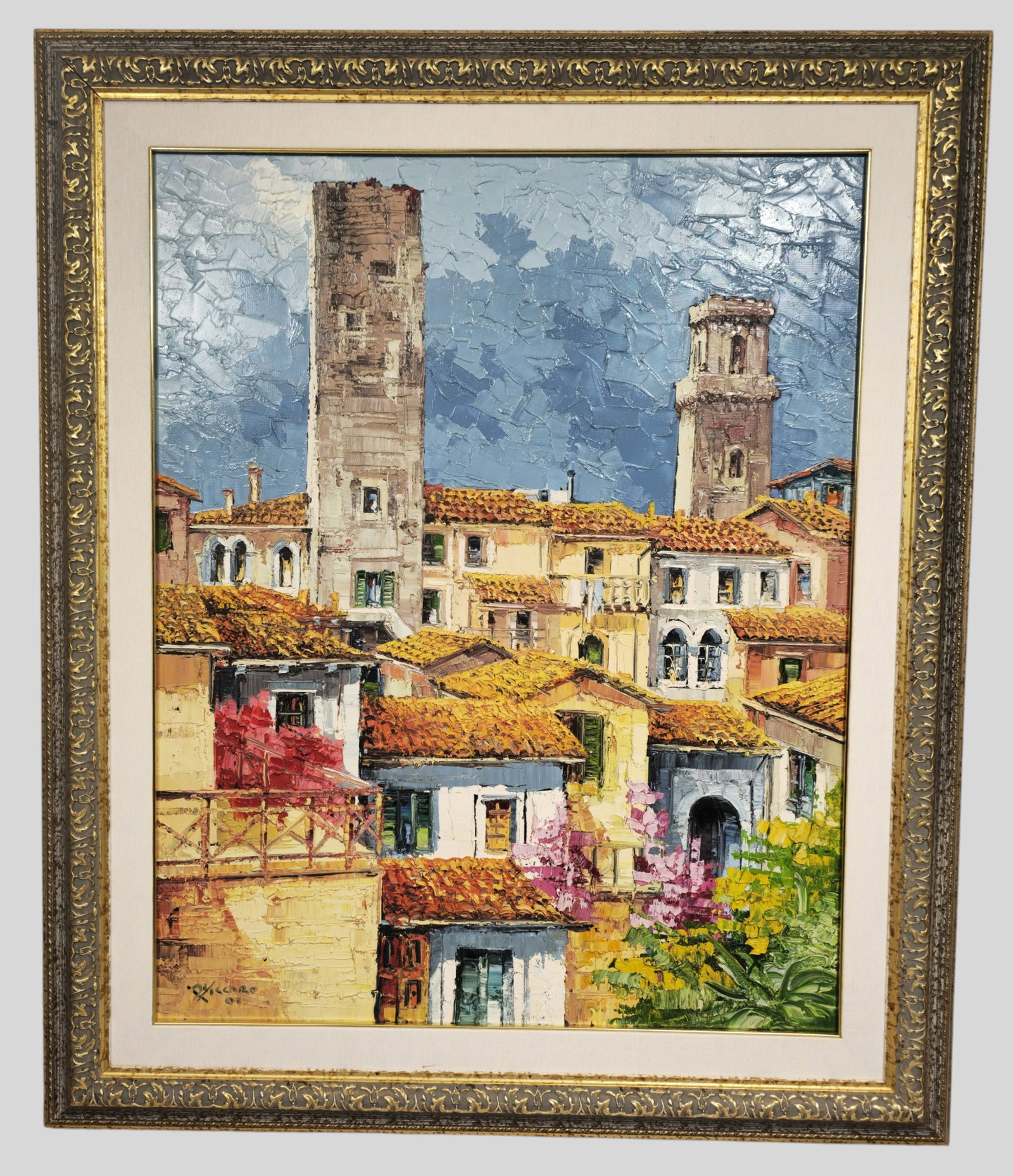Antonio De Viccaro Oil: Antonio De Viccaro (B 1935, Castelforte) Oil on canvas, "S. Gininiamo" Heavy palette oil of City. Signed and dated lower left. Professionally framed and matted. Sight 37 3/4 x 30. Frame 49 1/2 x 41