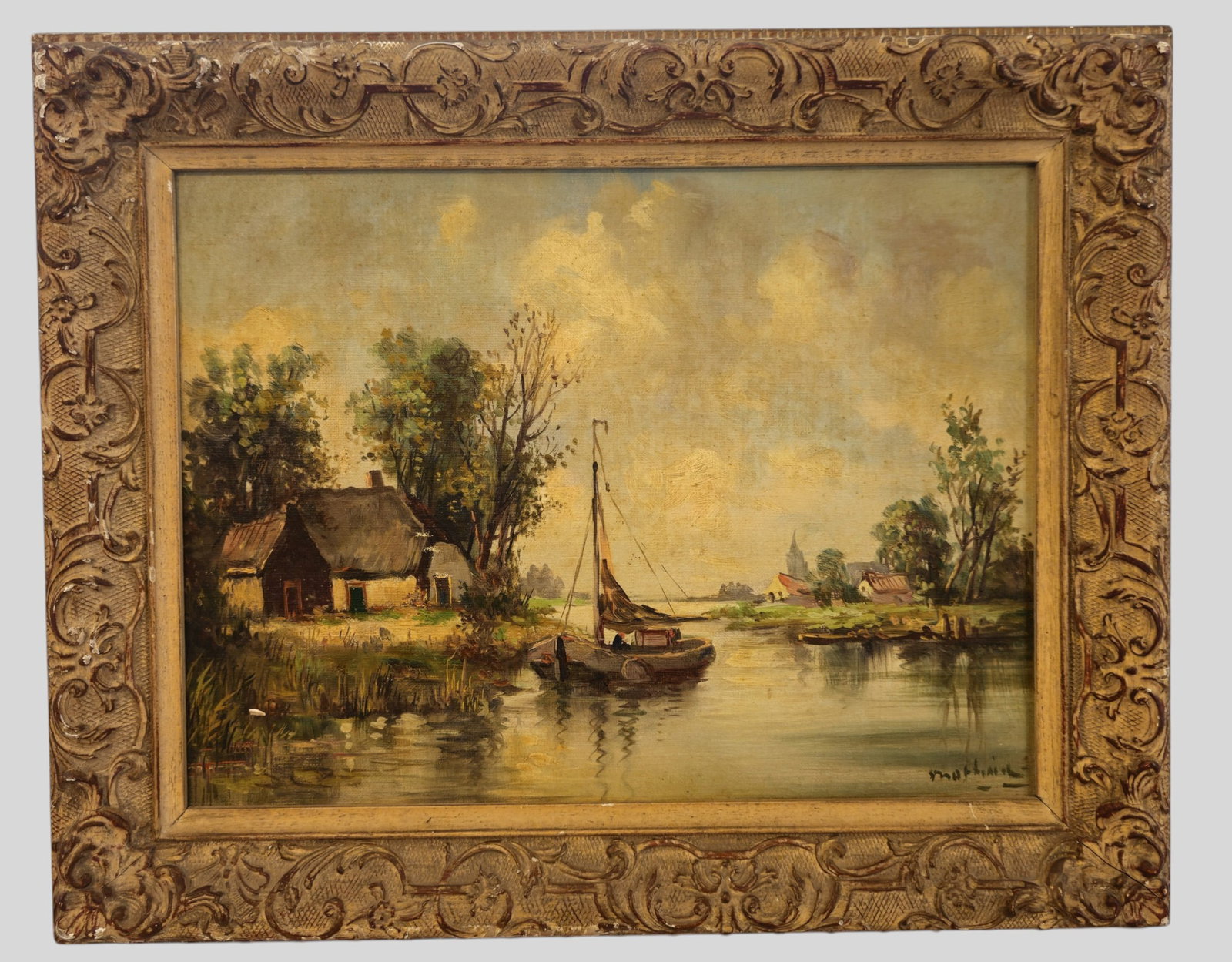 Wilmer Marinelli Oil: Wilmer Marinelli (Early 20th Century)Oil on masonite, untitled. Signed lower right. Housed in 1940s carved frame. Sight 11 1/2 x 15 1/4. Frame 16 3/8 x 20 3/8.