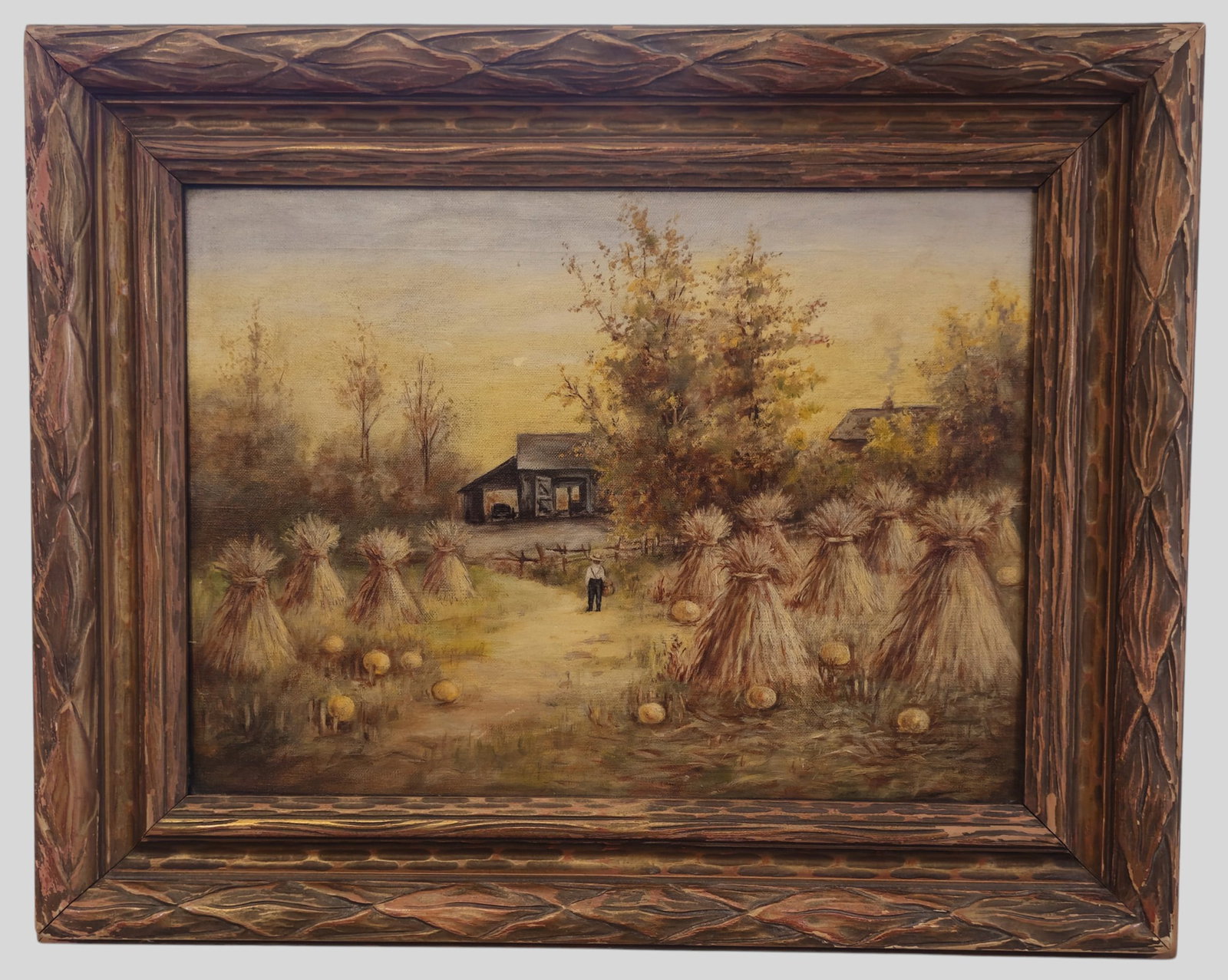 Farmer in Field Oil: Farmer in Field Oil. Farm Scene with farmer in Hay Field. Housed in textured frame. Sight 15 1/2 x 21 1/2. Frame 23 1/2 x 29 1/2.