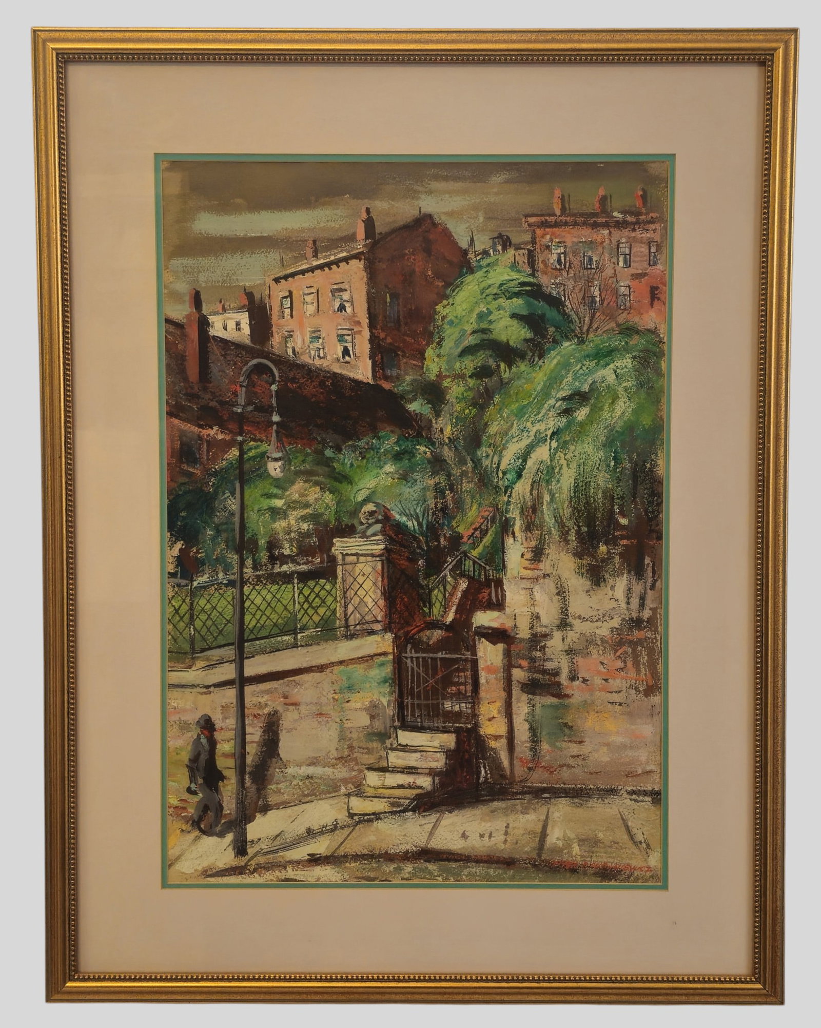 Street Scene Watercolor: Street Scene watercolor, illegible. Signed lower right. Gentleman walking on sidewalk. Professionally framed and matted. Sight 21 3/4 x 15. Frame 29 3/8 x 22 3/4.