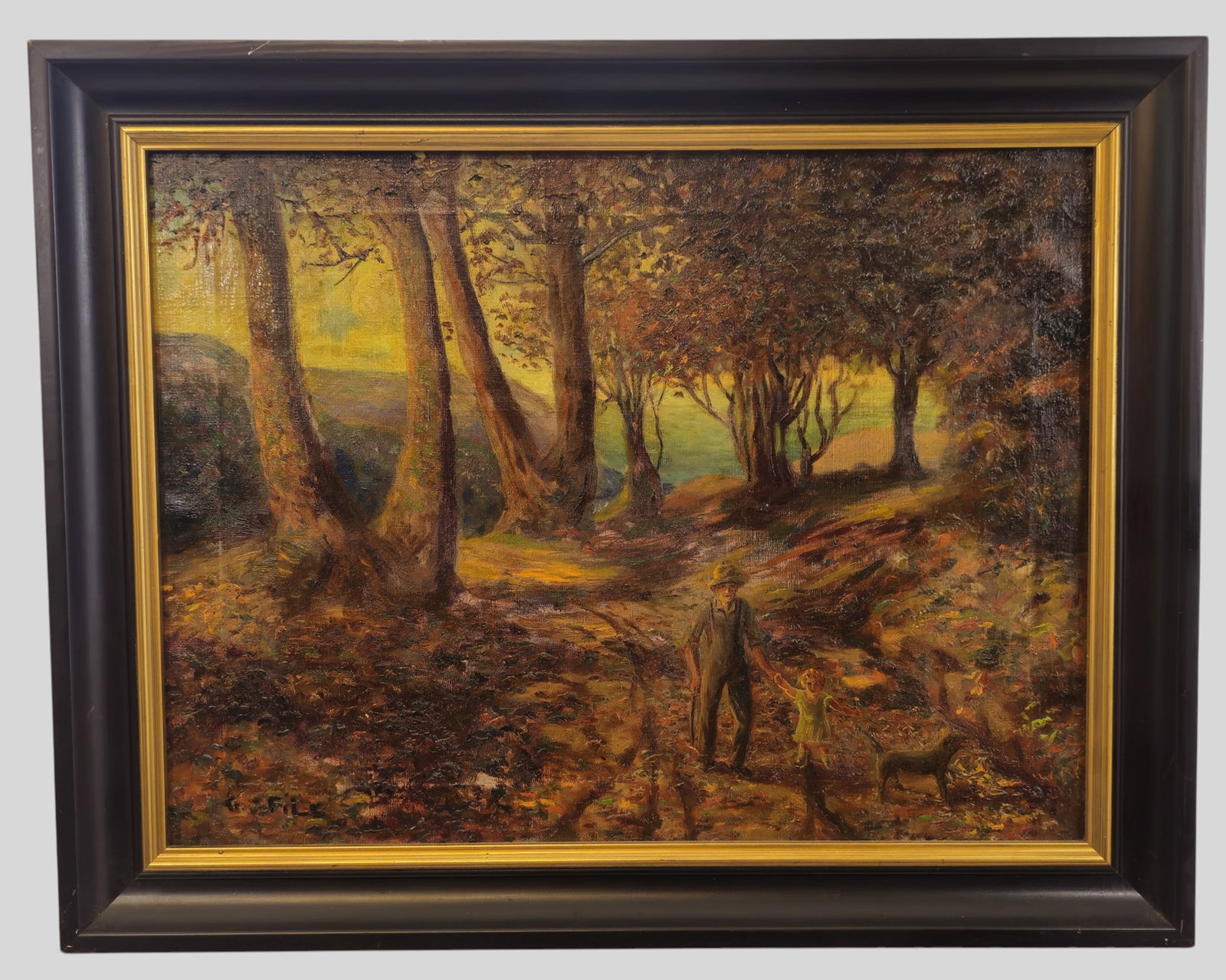 G File Oil: G File Oil. Oil on canvas Father walking daughter reaching for a cat. Wooded background. Signed lower left. Housed in ebony and gilt frame. Sight 17 1/2 x 23 1/4. Frame 22 3/8 x 28 1/4.