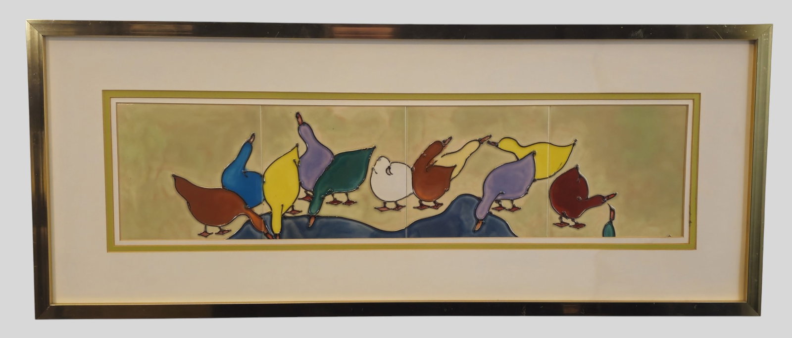 Harris Strong MCM Bird Plaque: Harris Strong Bird Plaque. USA. 1970. Enamel birds over glazed tiles. Housed in brass plated aluminum frame. Sight 5 5/8 x 23 1/2. Frame 12 1/4 x 30 1/4.