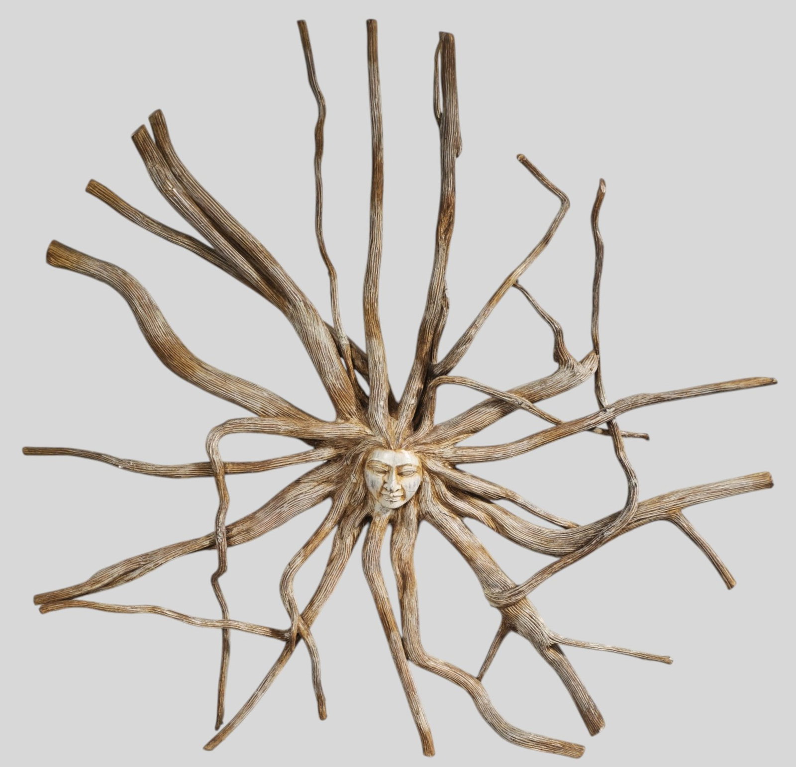 Carved Sun Goddess Tree Root Sculpture: Carved Sun Goddess Tree Root Sculpture. 20th Century folk art sculpture. 39 1/2w x 4 1/2d x 38 1/4h.