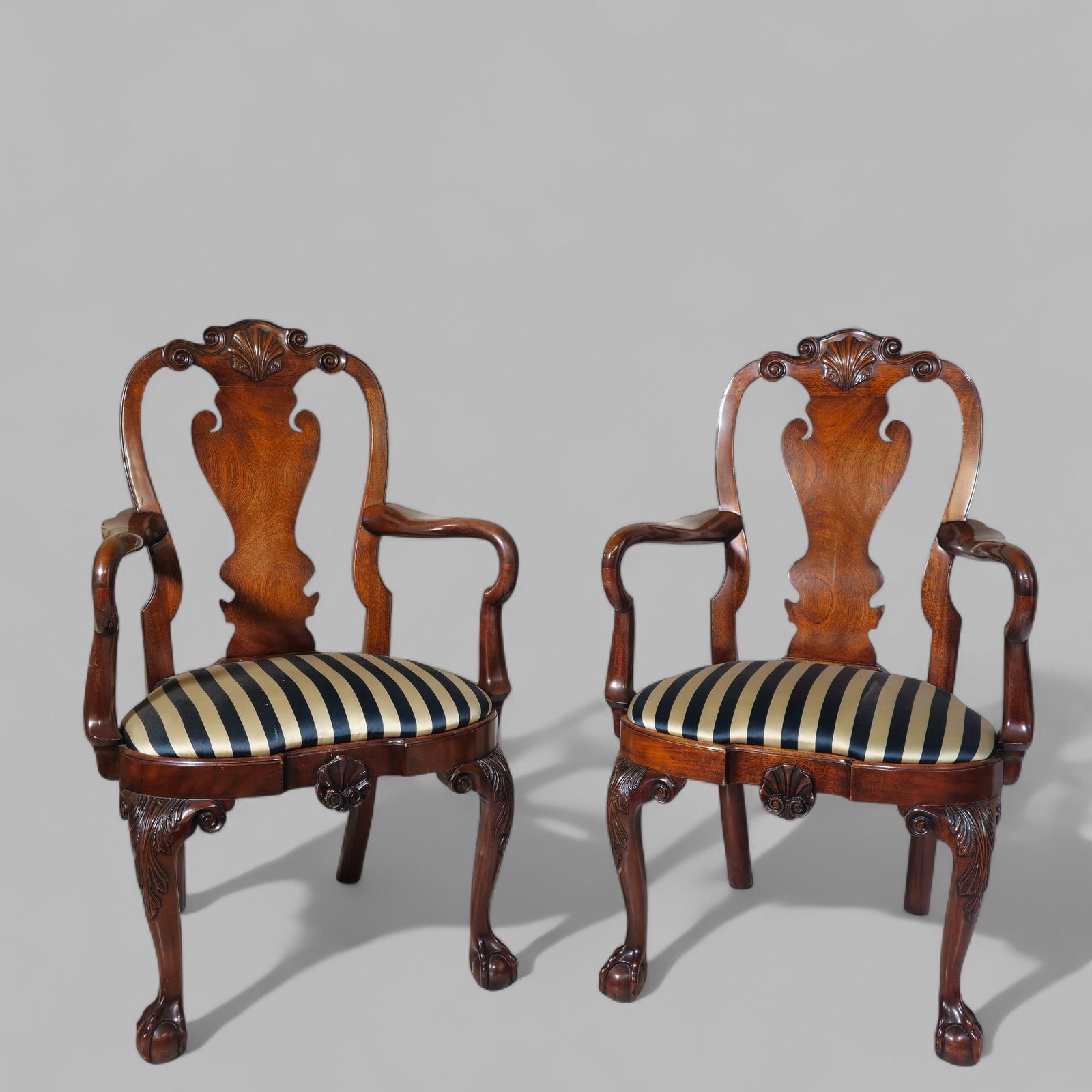 Kindel Furniture Winterthur Collection Armchairs: Picture coming soon! Kindel Furniture Winterthur Collection Armchairs, 83-073. Pair. Originally a Philadelphia 1770 design. Shaped crest rail with relief carved shell. Curved and cut panel back